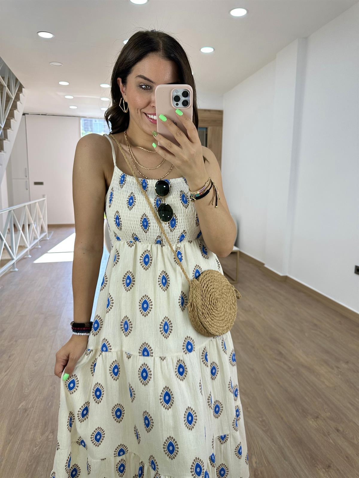 Nazar Boncuklu Keten Elbise-Mavi