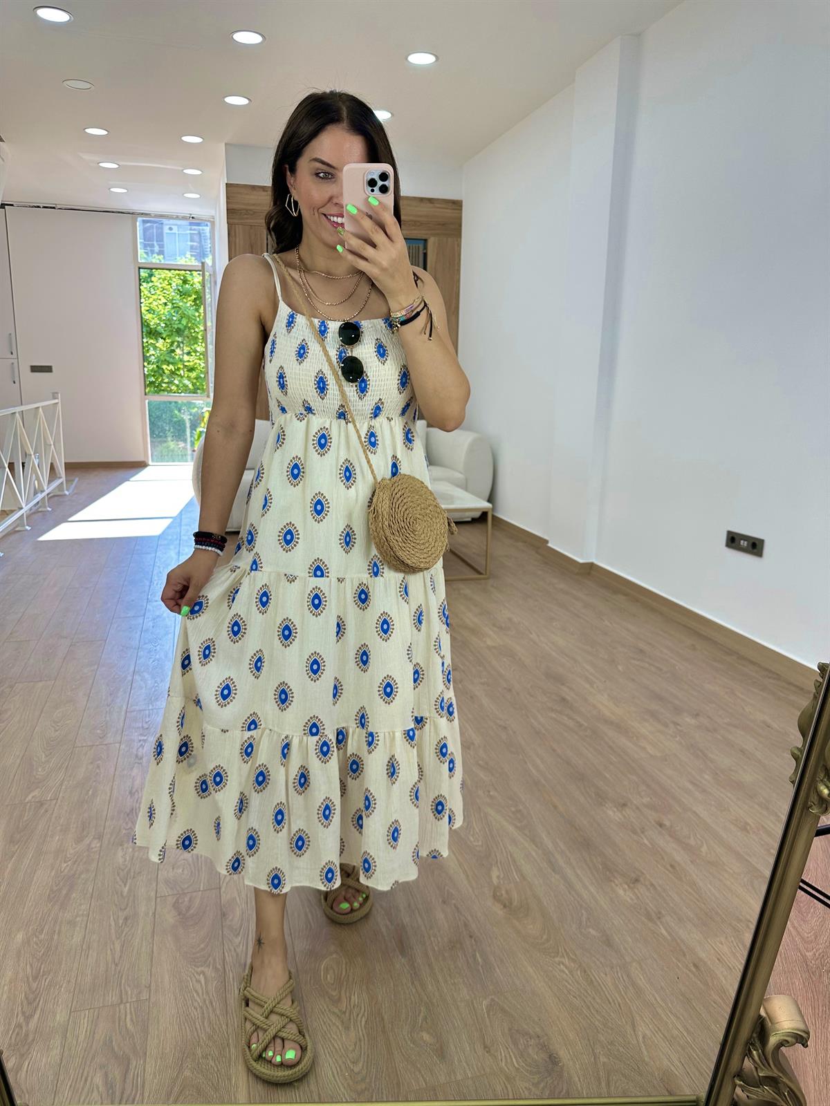 Nazar Boncuklu Keten Elbise-Mavi