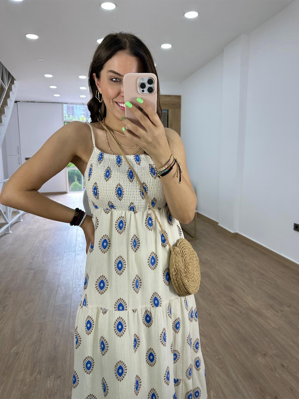 Nazar Boncuklu Keten Elbise-Mavi