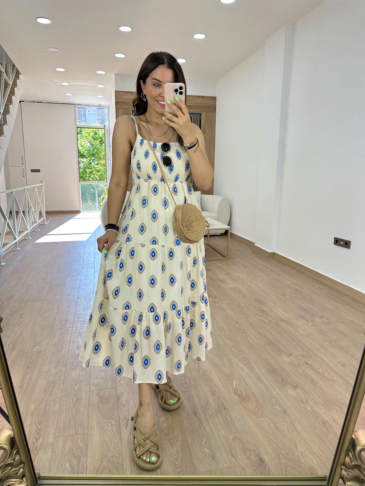 Nazar Boncuklu Keten Elbise-Mavi