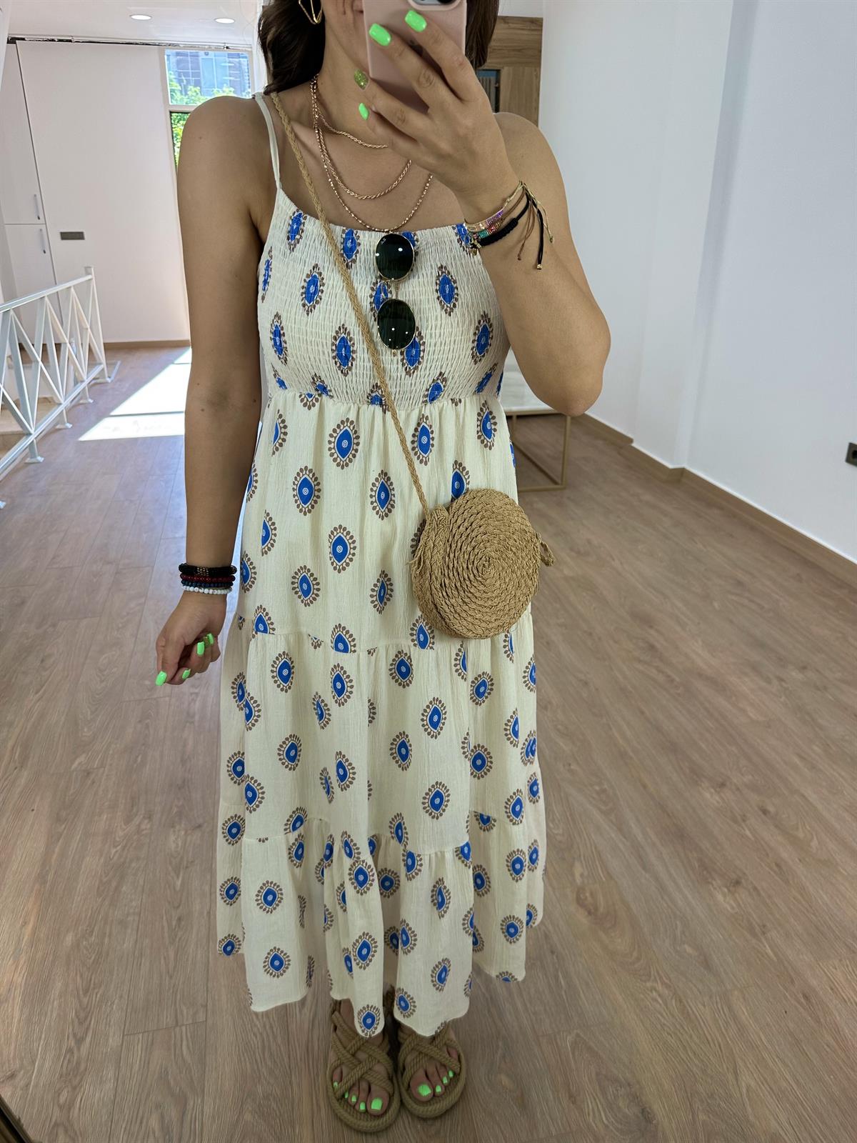 Nazar Boncuklu Keten Elbise-Mavi