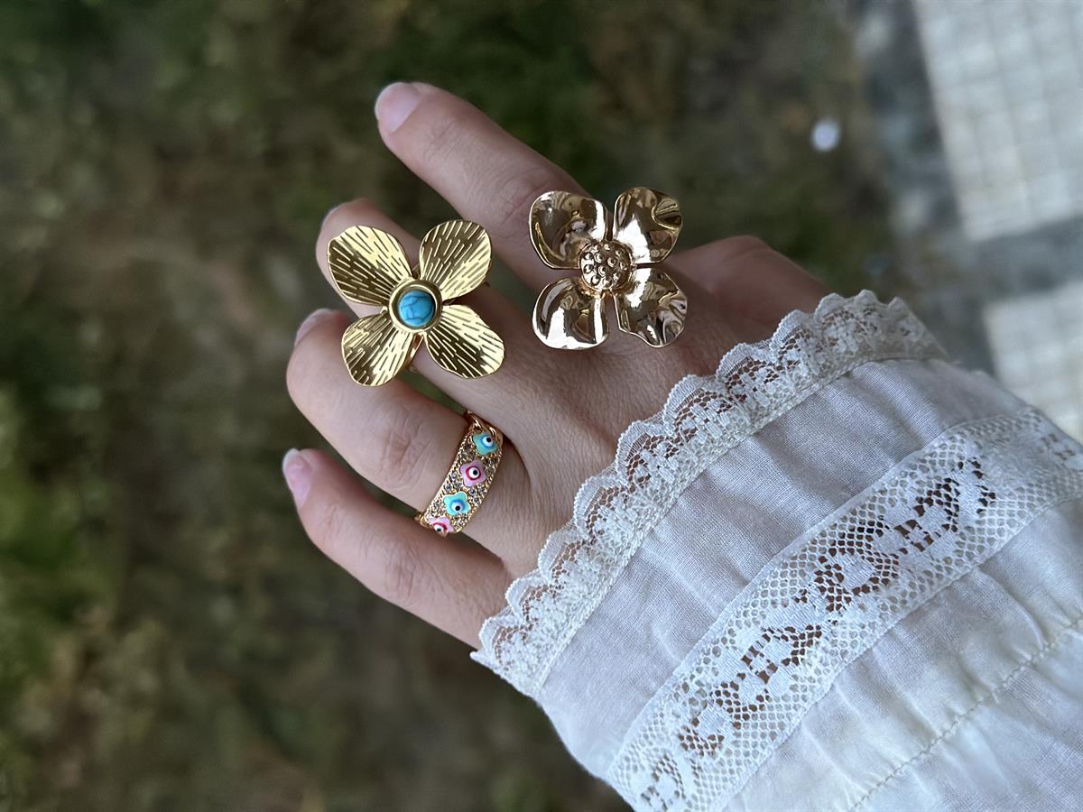 Nazar Boncuklu Renkli Ayarlanabilir Gold Yüzük