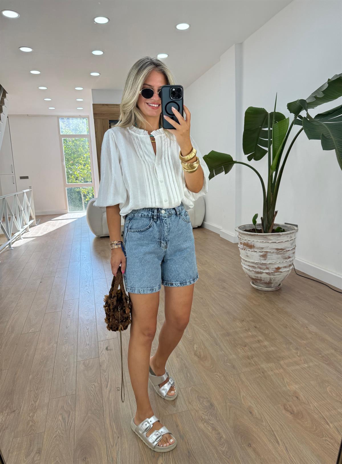 Dilvin Nervür Detaylı Balon Kol Gömlek - Beyaz