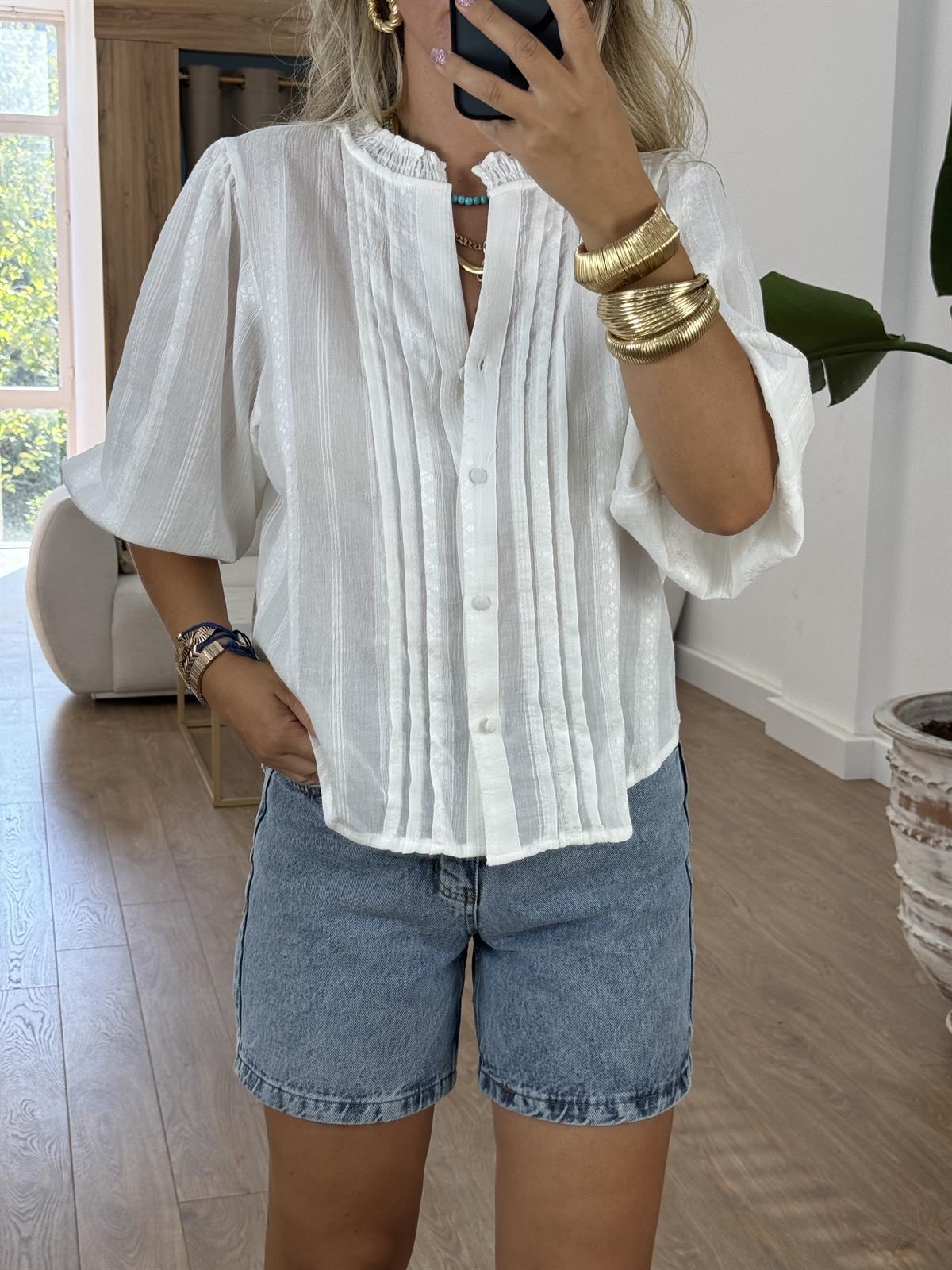 Dilvin Nervür Detaylı Balon Kol Gömlek - Beyaz