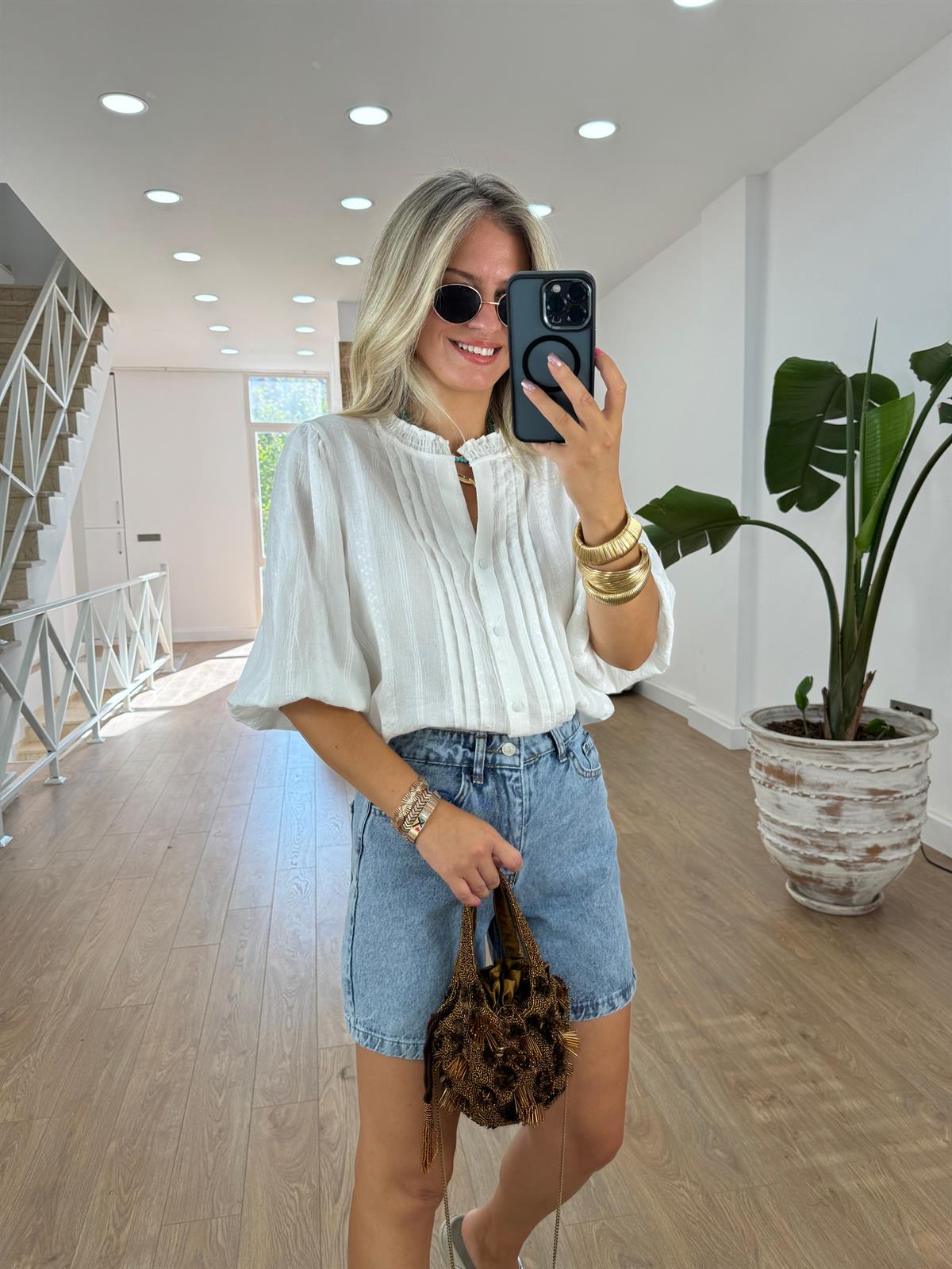 Dilvin Nervür Detaylı Balon Kol Gömlek - Beyaz