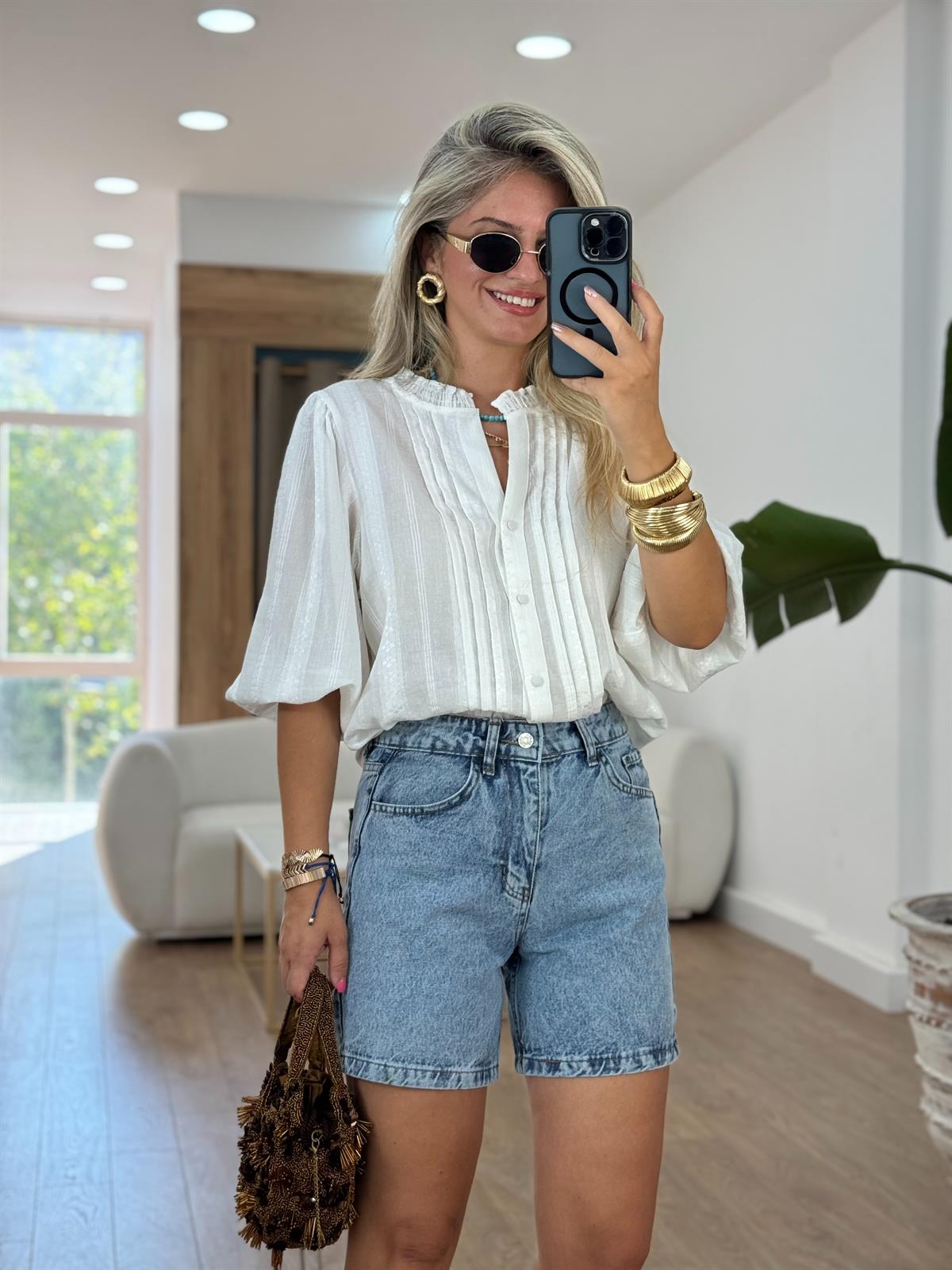 Dilvin Nervür Detaylı Balon Kol Gömlek - Beyaz