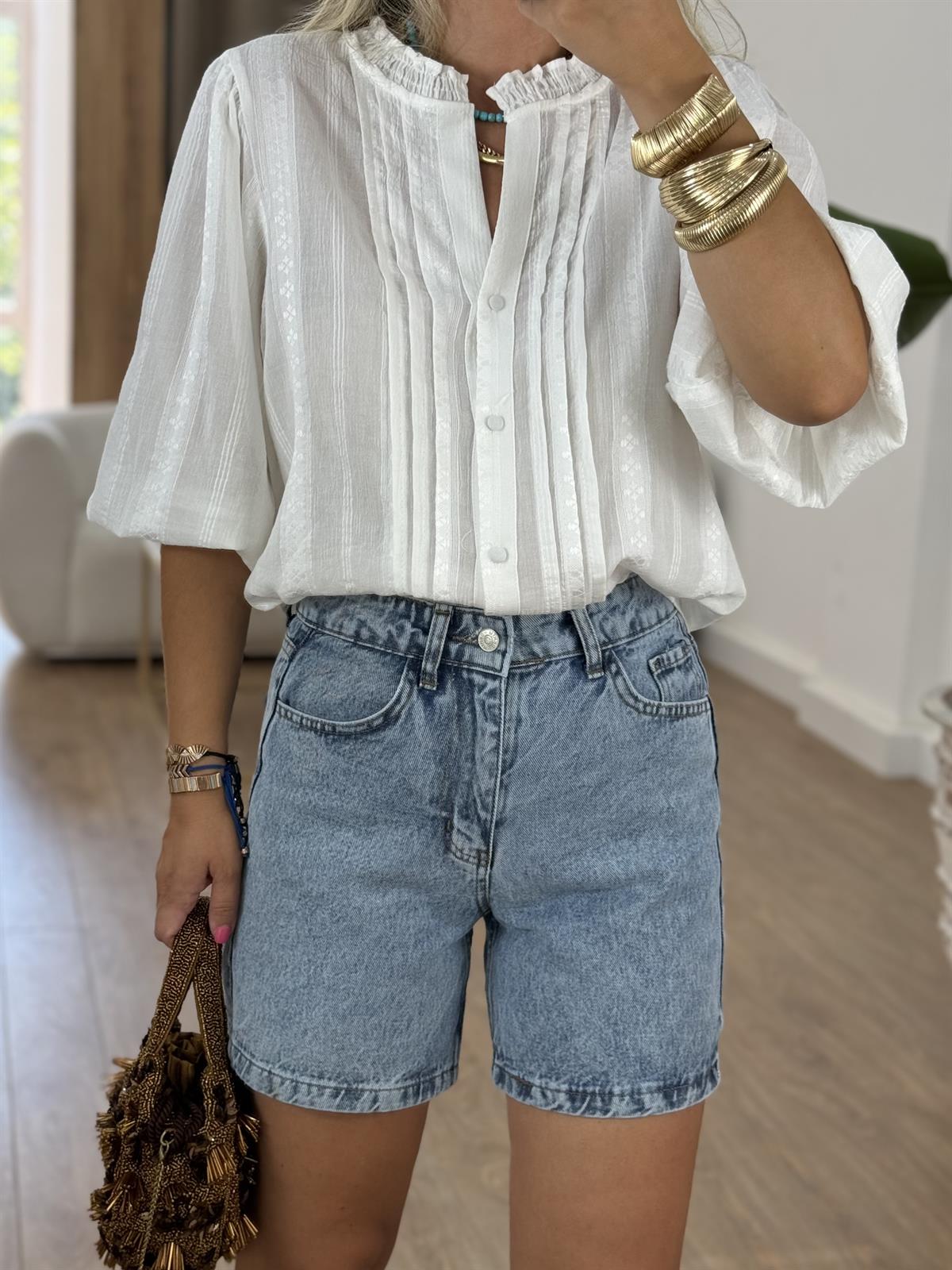 Dilvin Nervür Detaylı Balon Kol Gömlek - Beyaz