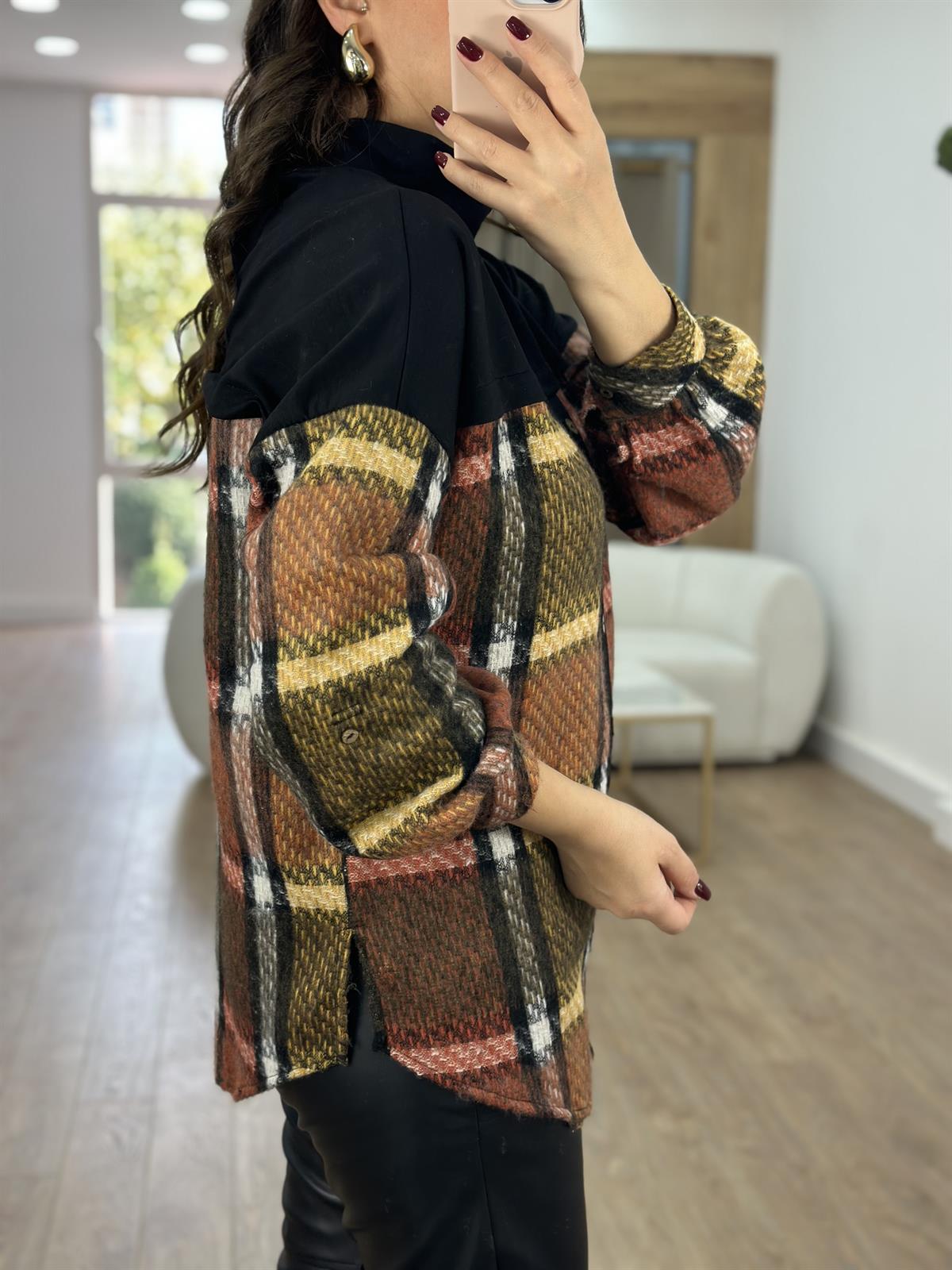 Oduncu Gömlek Detaylı Dik Yaka Sweatshirt-Siyah