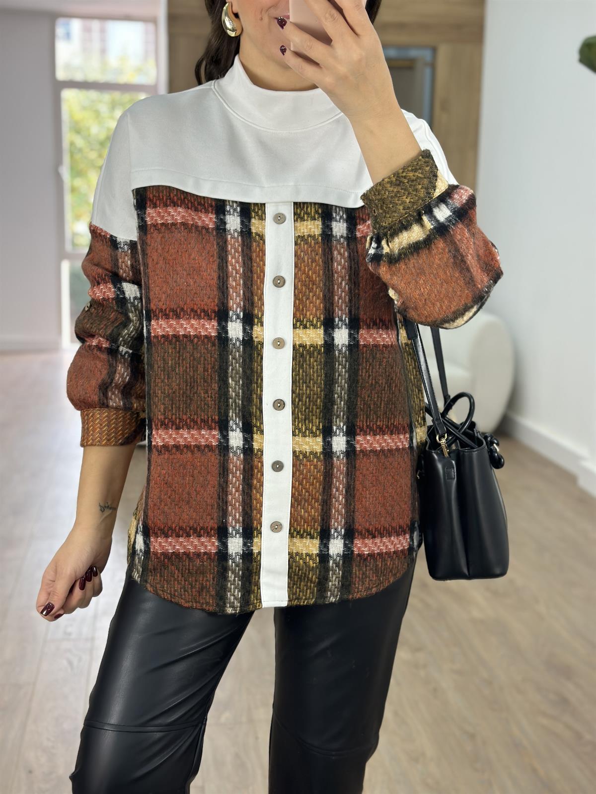 Oduncu Gömlek Detaylı Dik Yaka Sweatshirt-Beyaz