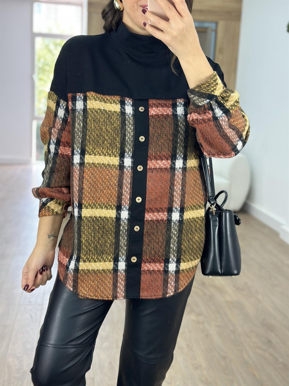 Oduncu Gömlek Detaylı Dik Yaka Sweatshirt-Siyah