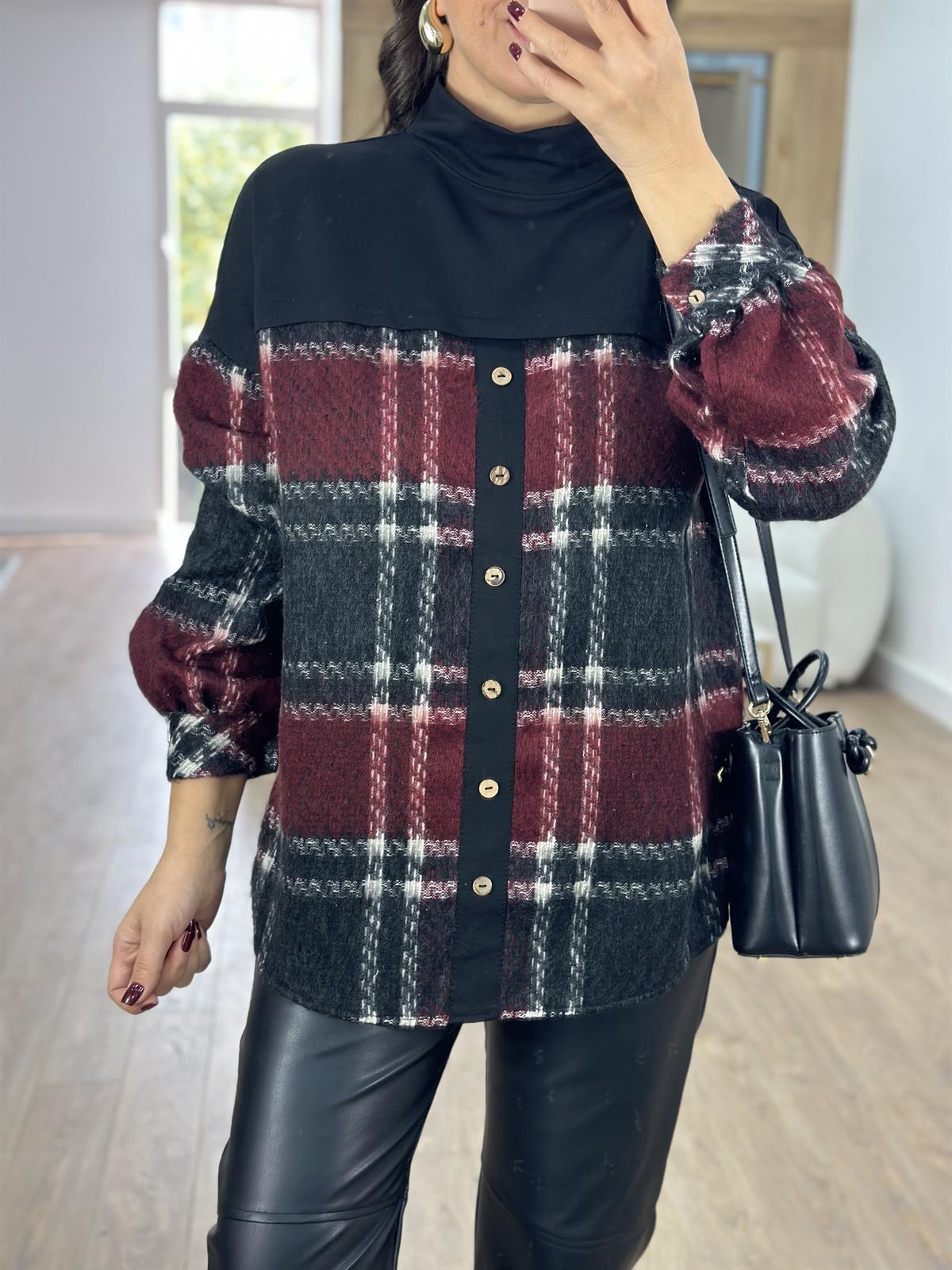 Oduncu Gömlek Detaylı Dik Yaka Sweatshirt- Bordo