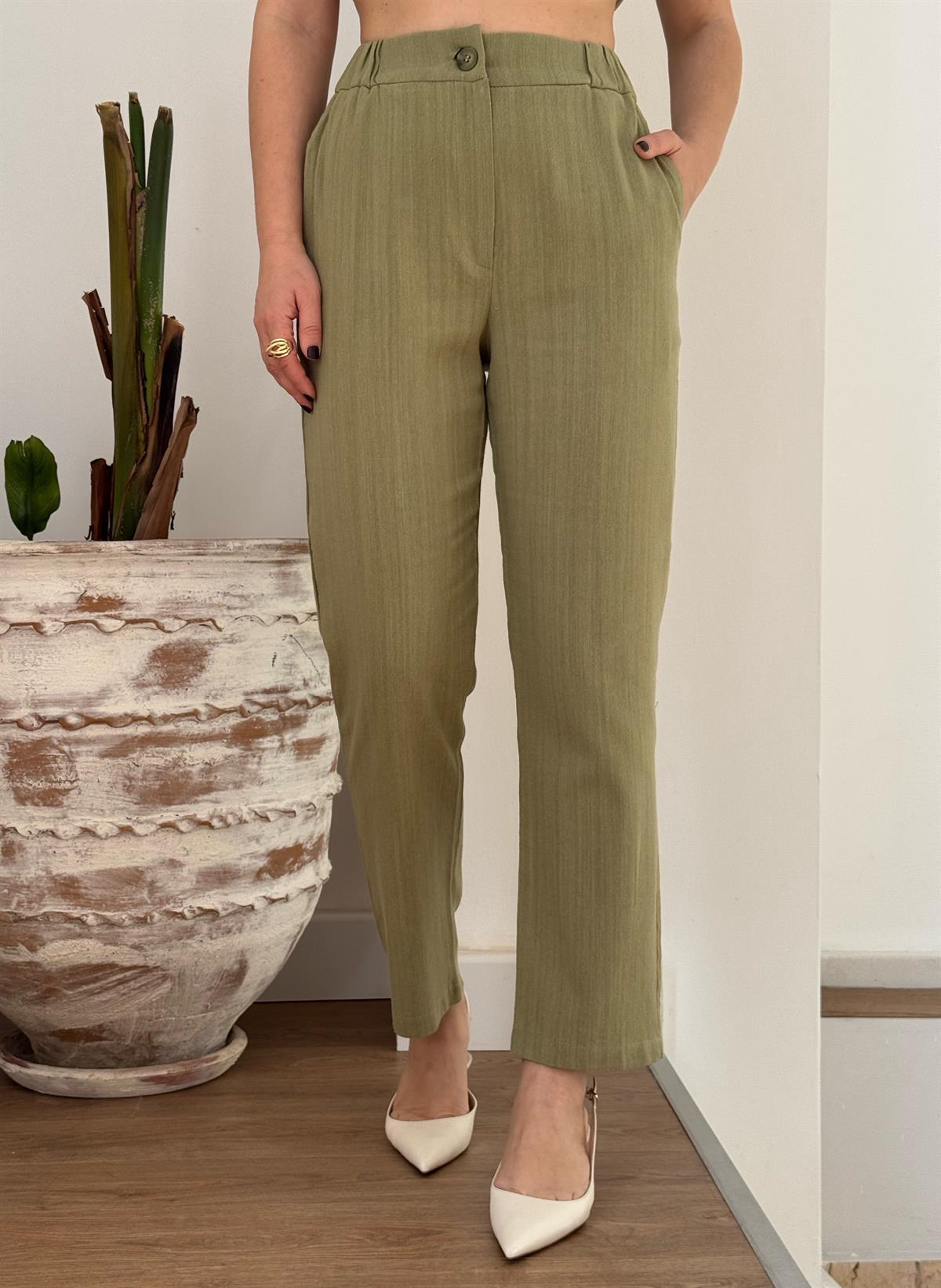 Omuz Detaylı Kuşaklı Keten Takım - Çağla 