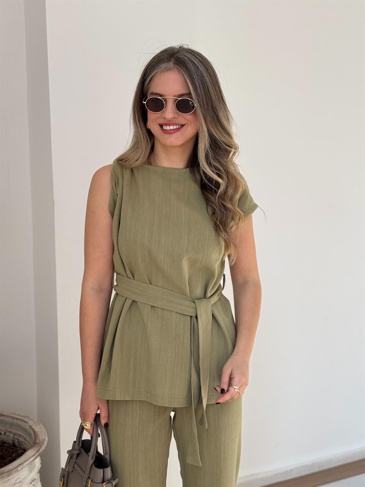 Omuz Detaylı Kuşaklı Keten Takım - Çağla 