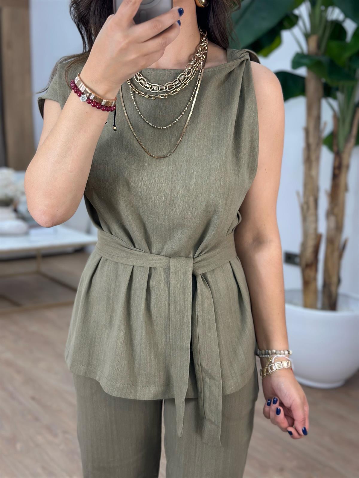 Omuz Detaylı Kuşaklı Keten Takım - Haki