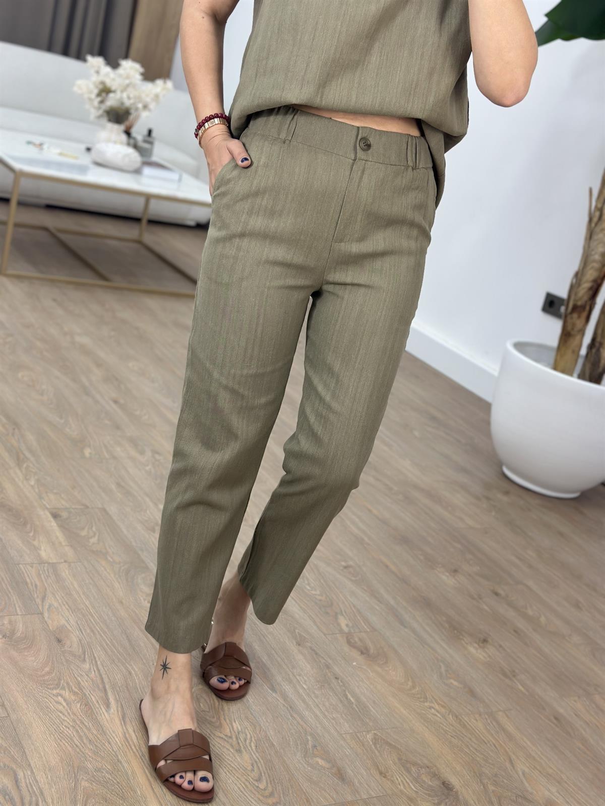 Omuz Detaylı Kuşaklı Keten Takım - Haki