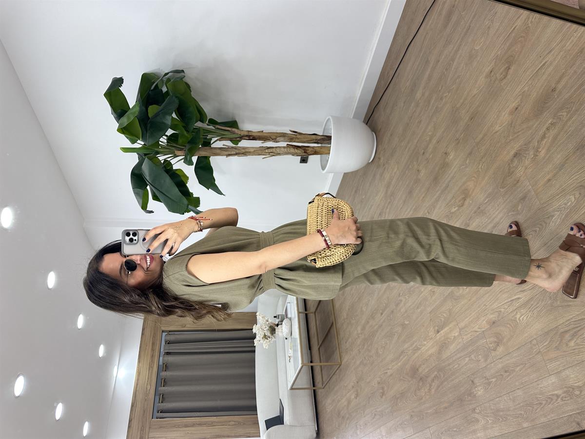 Omuz Detaylı Kuşaklı Keten Takım - Haki