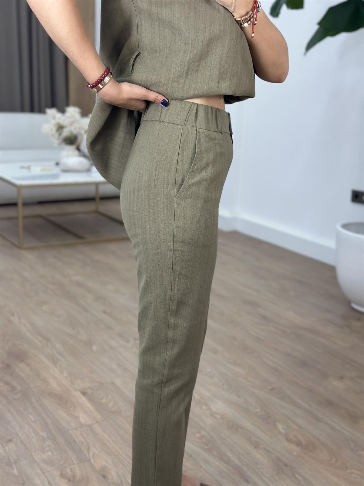 Omuz Detaylı Kuşaklı Keten Takım - Haki