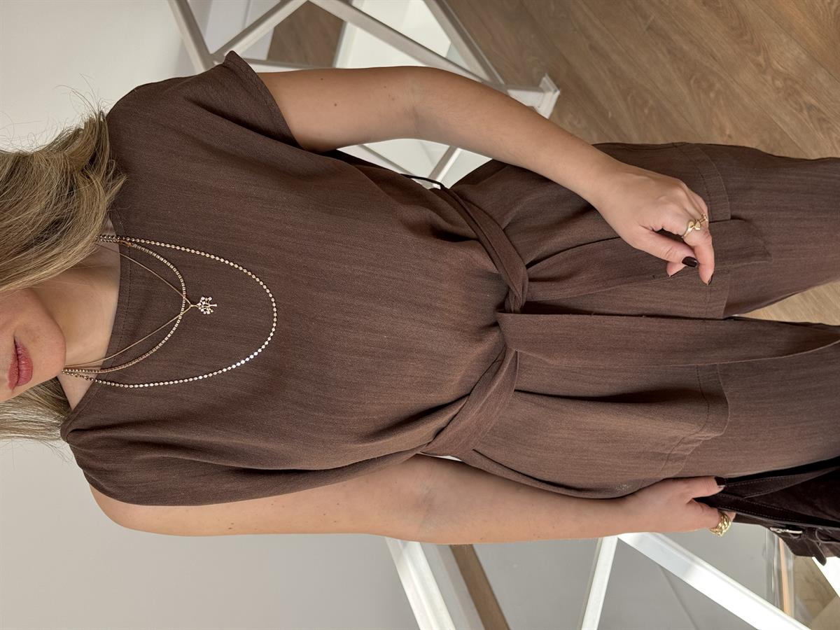 Omuz Detaylı Kuşaklı Keten Takım - Kahverengi