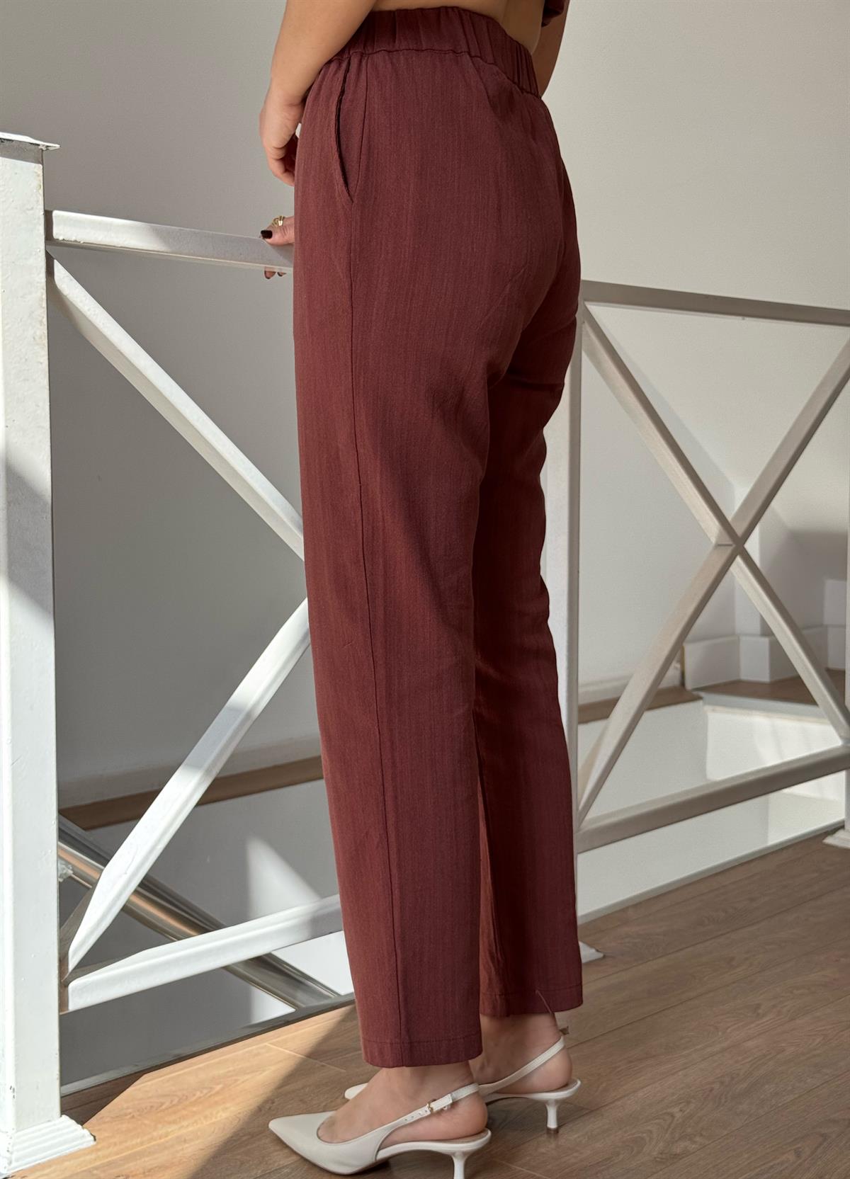 Omuz Detaylı Kuşaklı Keten Takım - Kiremit