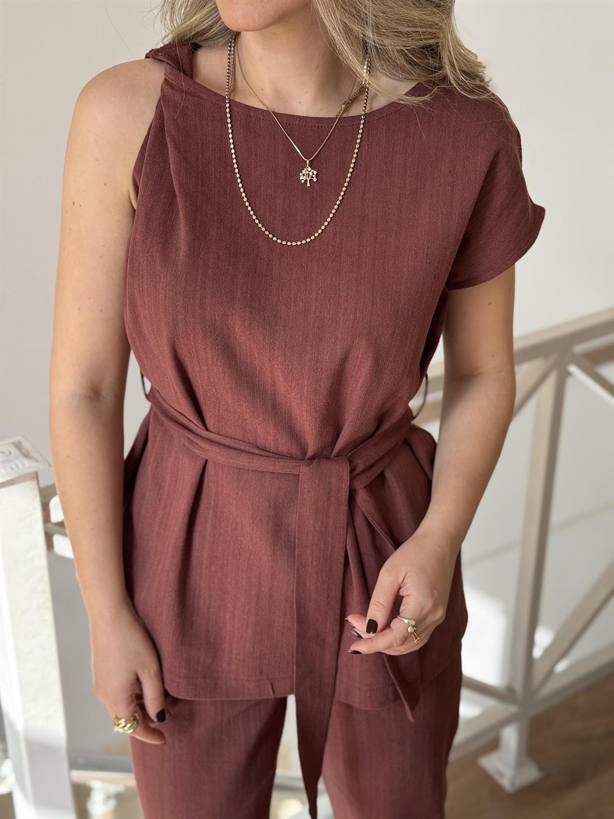 Omuz Detaylı Kuşaklı Keten Takım - Kiremit