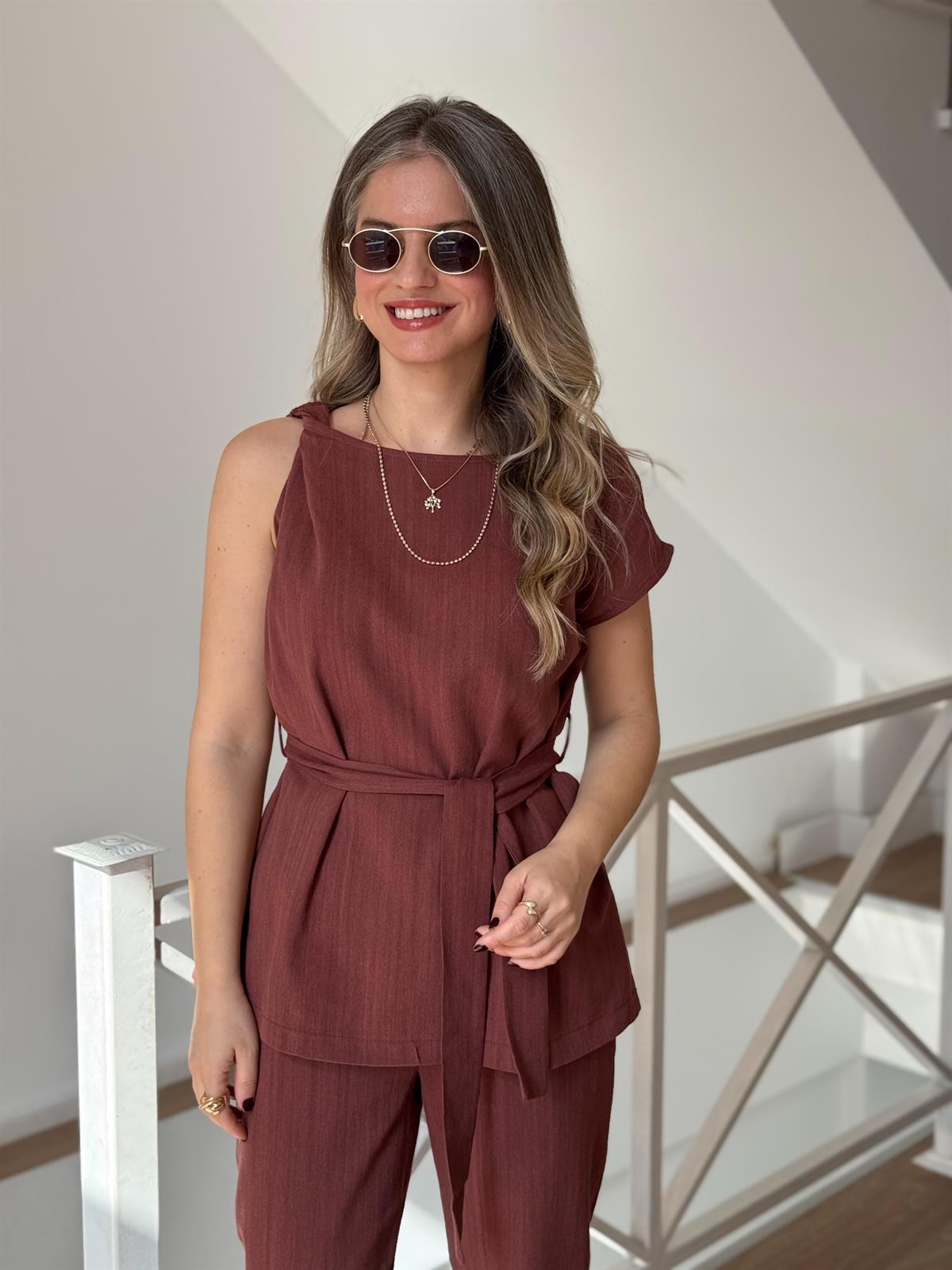 Omuz Detaylı Kuşaklı Keten Takım - Kiremit