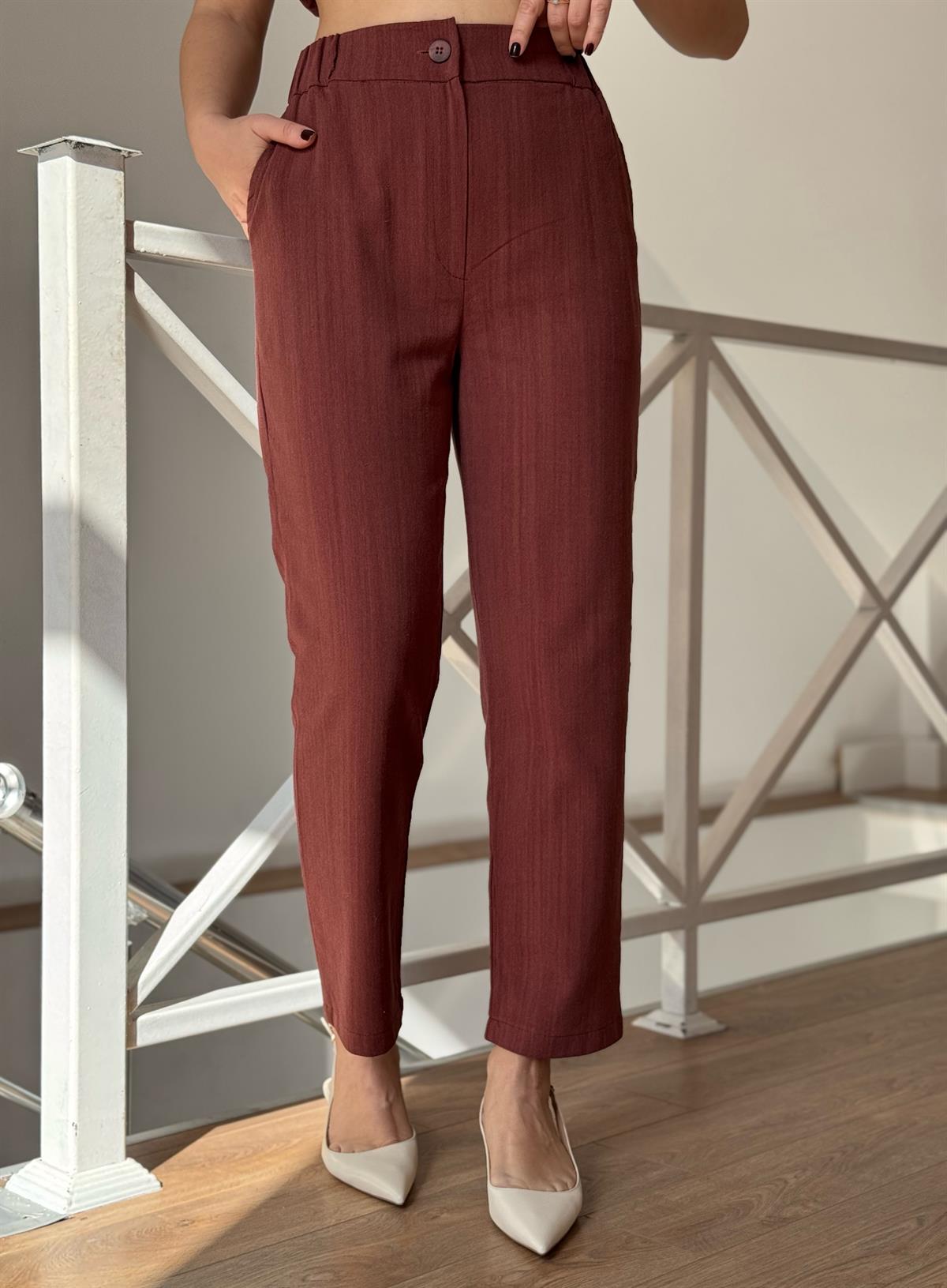 Omuz Detaylı Kuşaklı Keten Takım - Kiremit