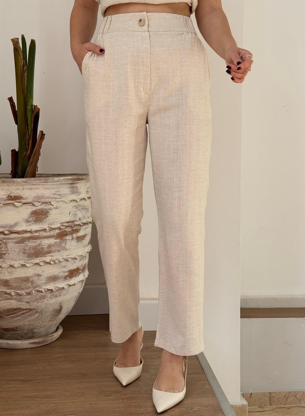 Omuz Detaylı Kuşaklı Keten Takım - Naturel