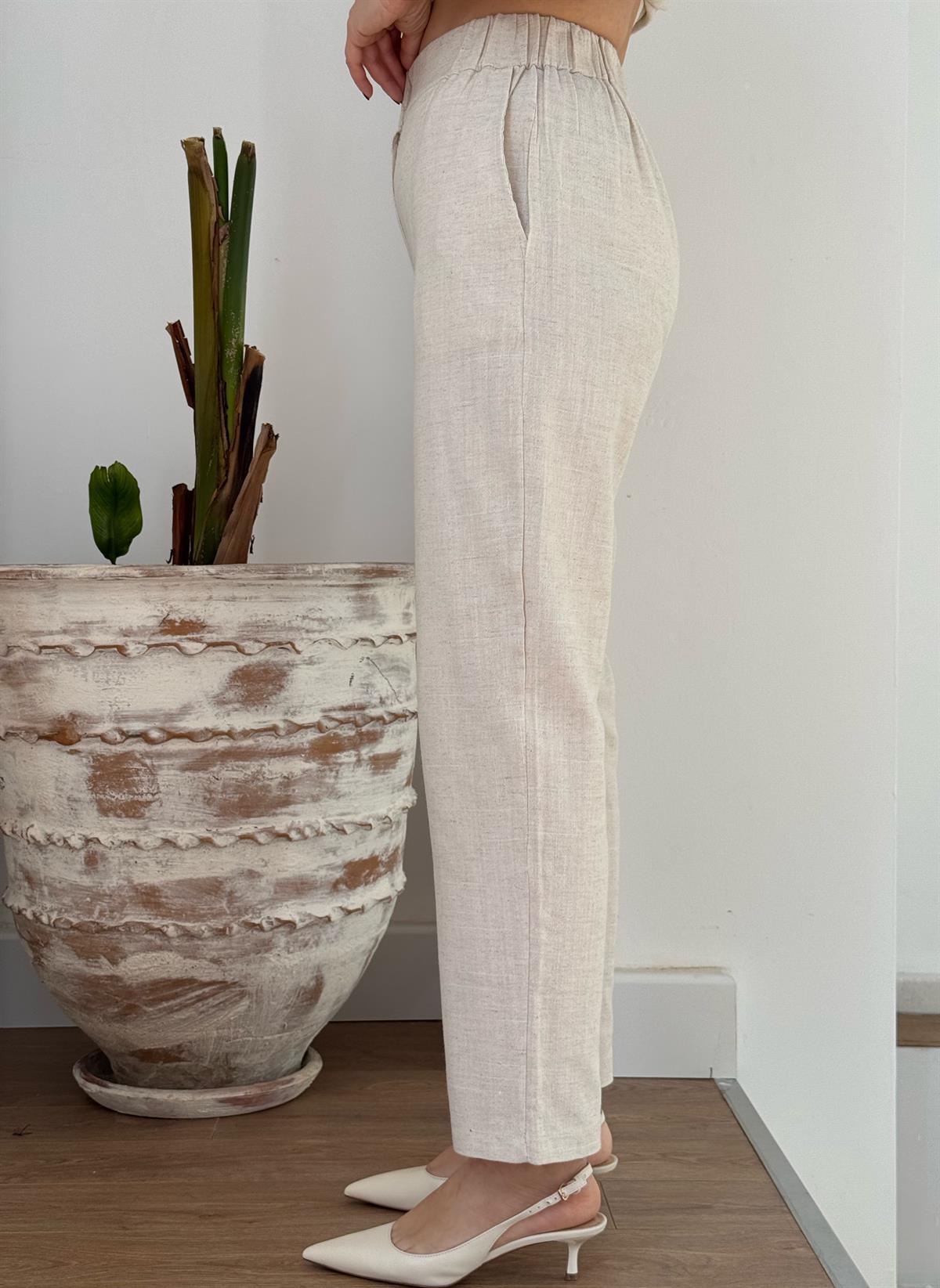 Omuz Detaylı Kuşaklı Keten Takım - Naturel