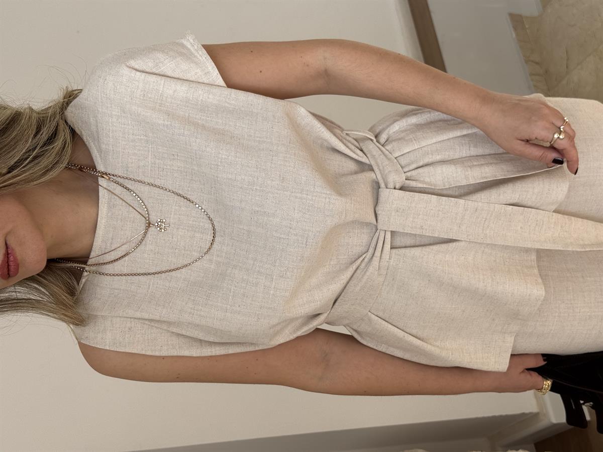 Omuz Detaylı Kuşaklı Keten Takım - Naturel