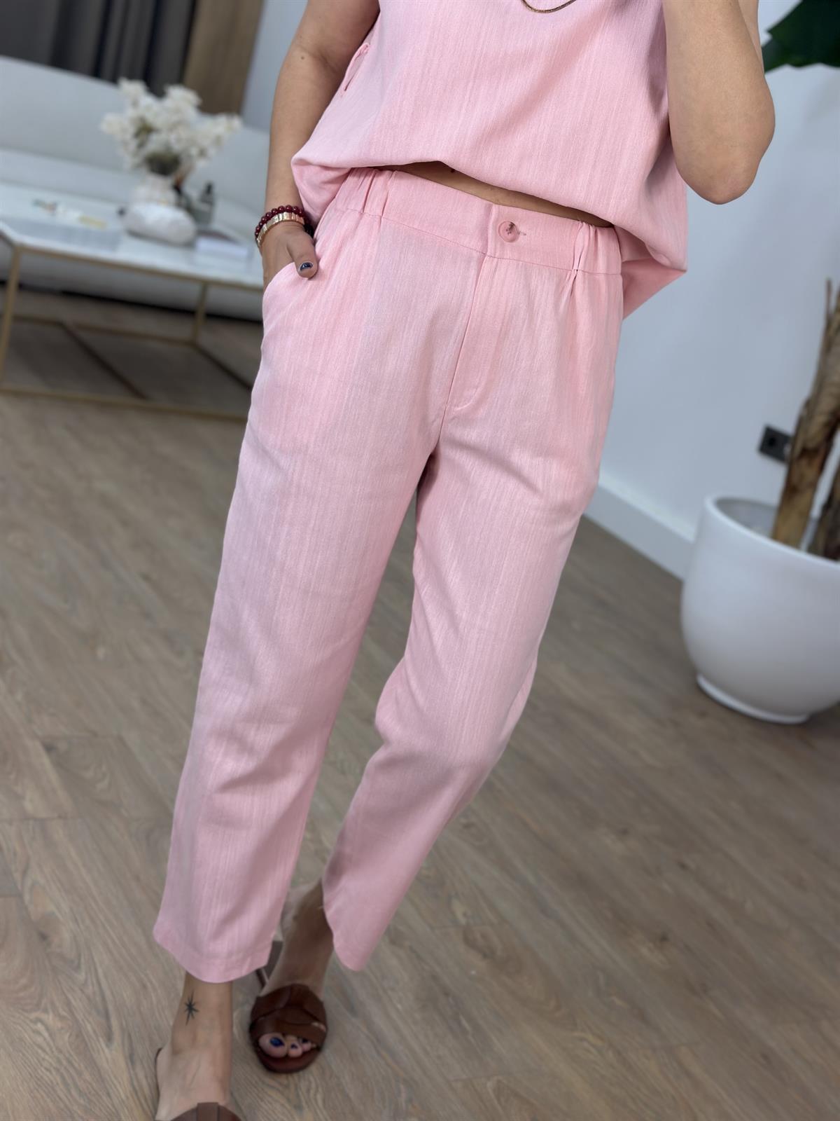 Omuz Detaylı Kuşaklı Keten Takım - Pembe