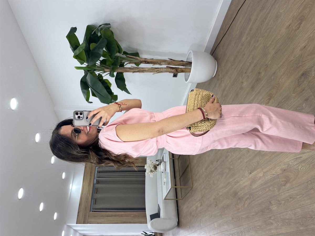 Omuz Detaylı Kuşaklı Keten Takım - Pembe