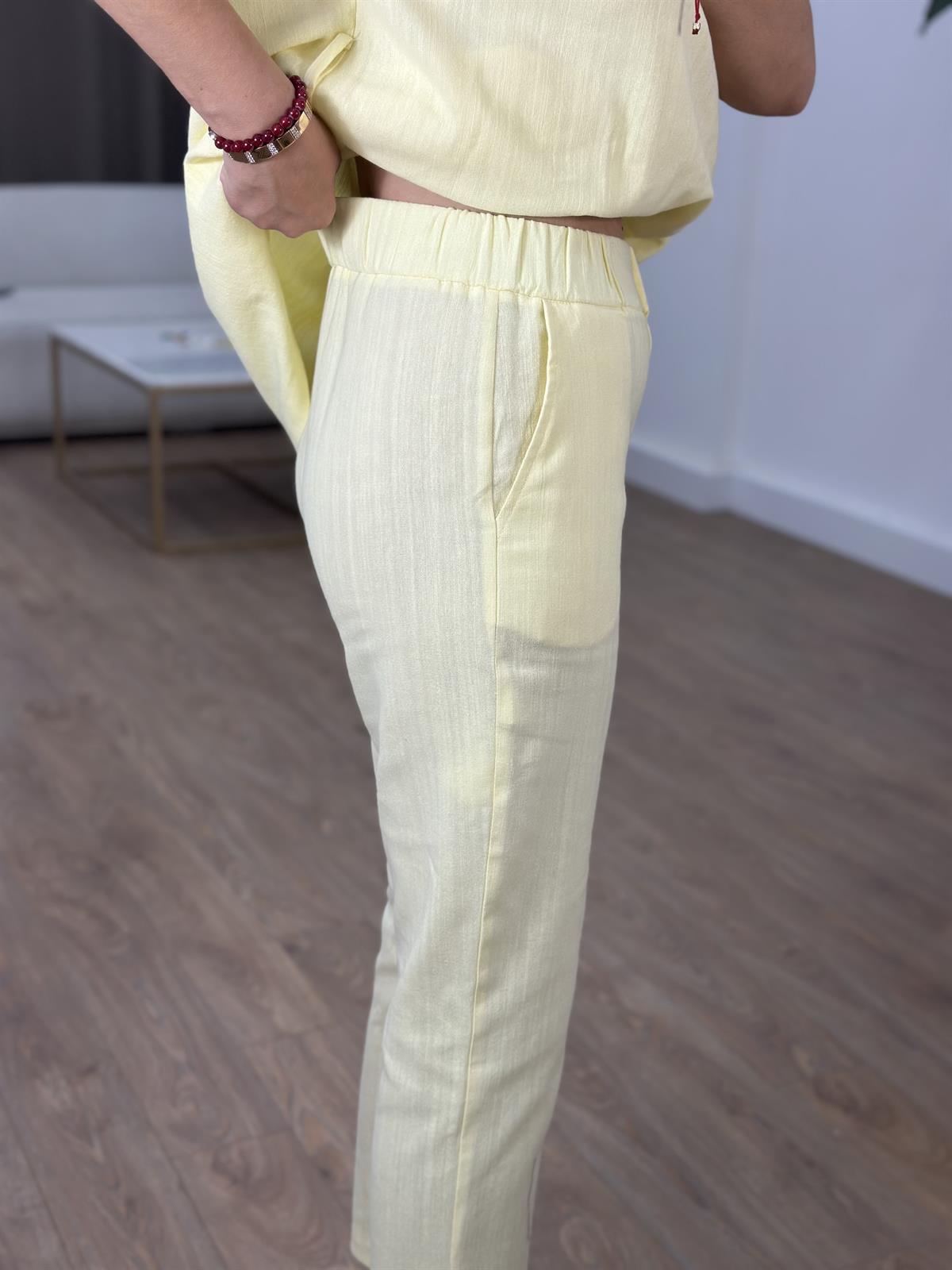 Omuz Detaylı Kuşaklı Keten Takım - Sarı