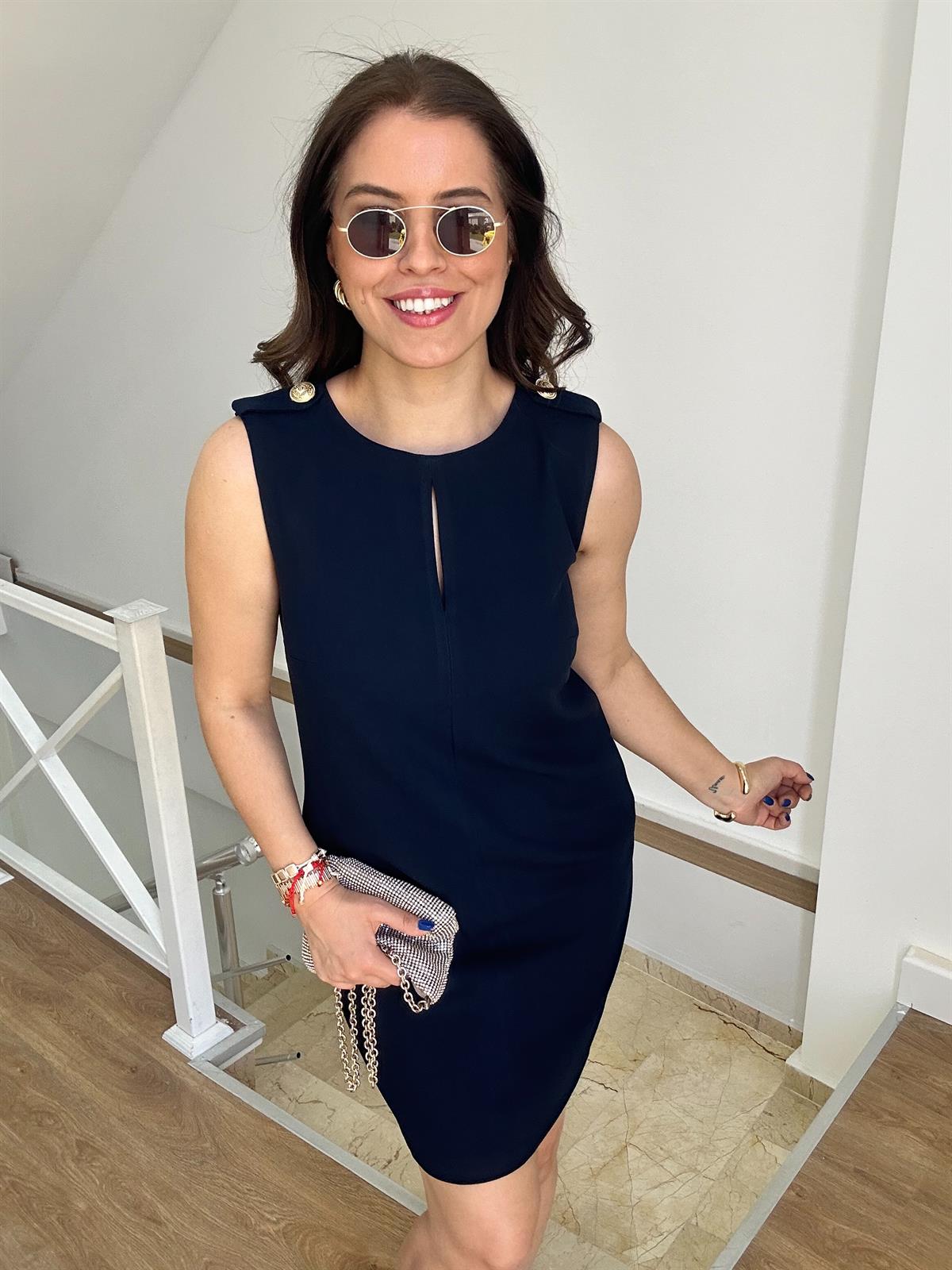 Omuzları Apoletli Gold Düğme Detaylı Cepli Elbise-Lacivert