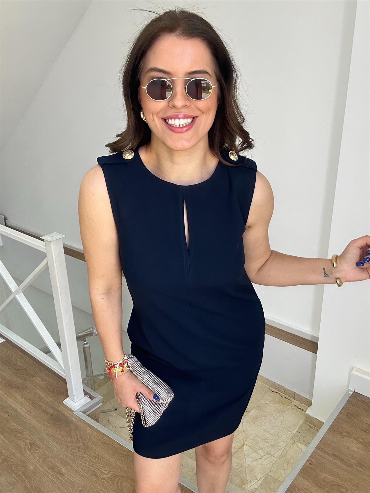 Omuzları Apoletli Gold Düğme Detaylı Cepli Elbise-Lacivert