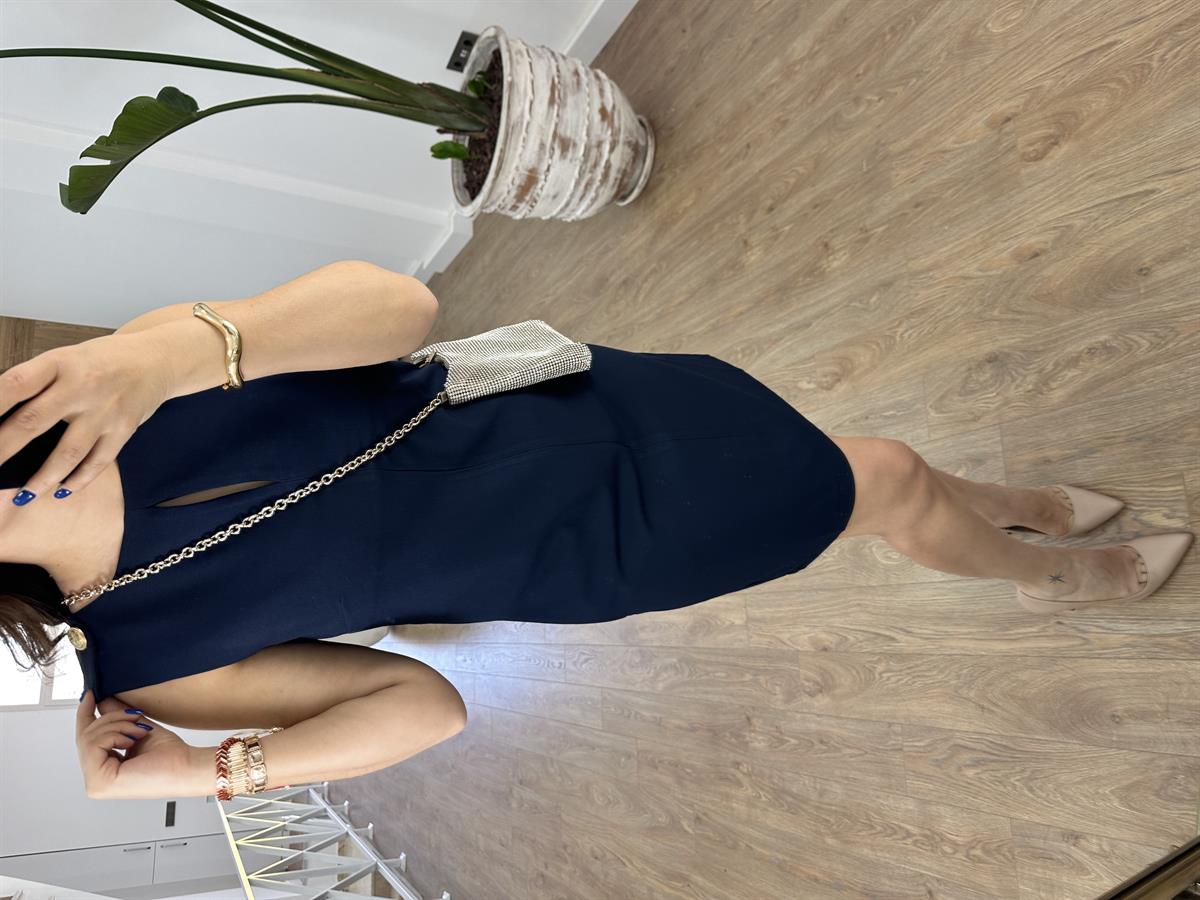 Omuzları Apoletli Gold Düğme Detaylı Cepli Elbise-Lacivert