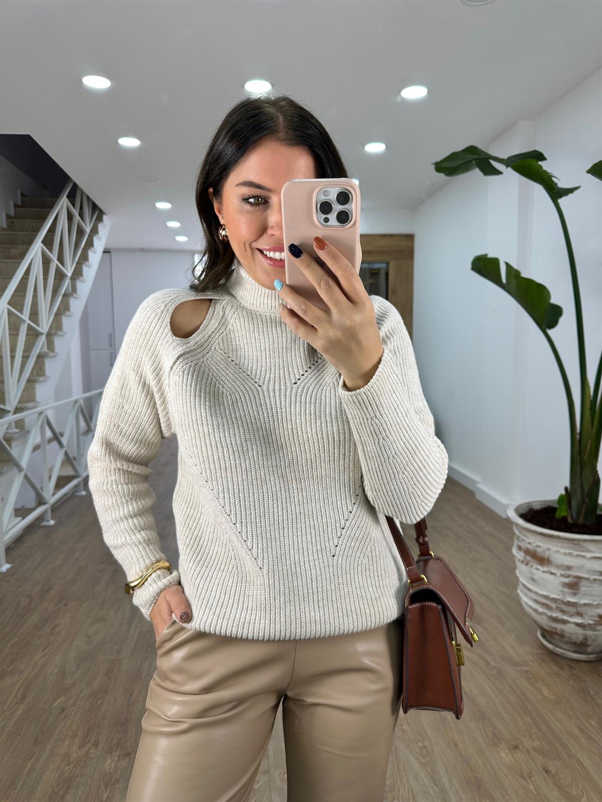 Omuzları Damla Detaylı Triko Kazak-Taş