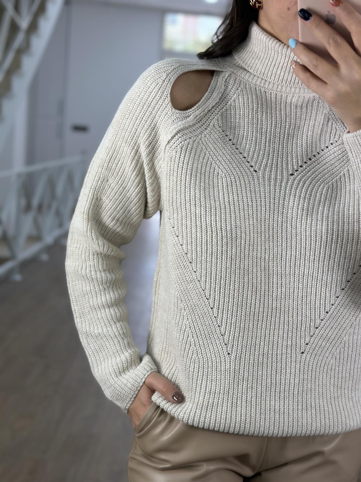 Omuzları Damla Detaylı Triko Kazak-Taş