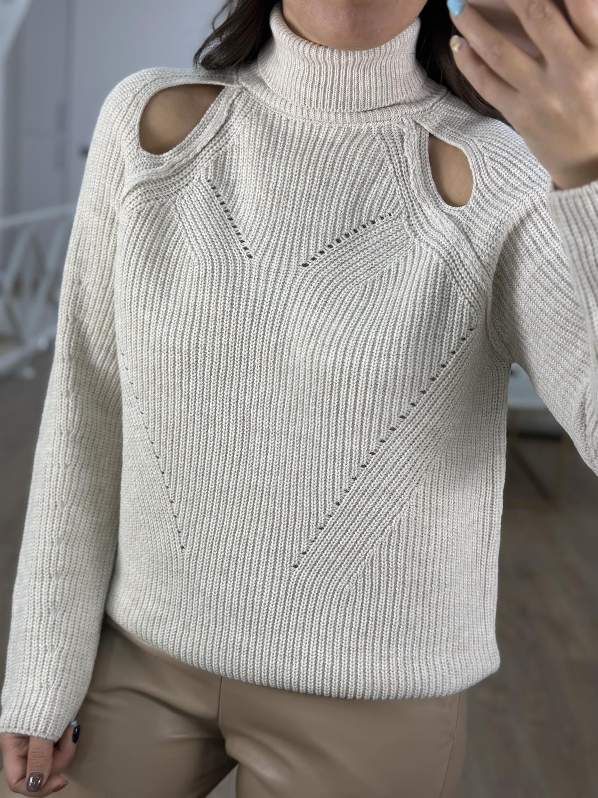 Omuzları Damla Detaylı Triko Kazak-Taş