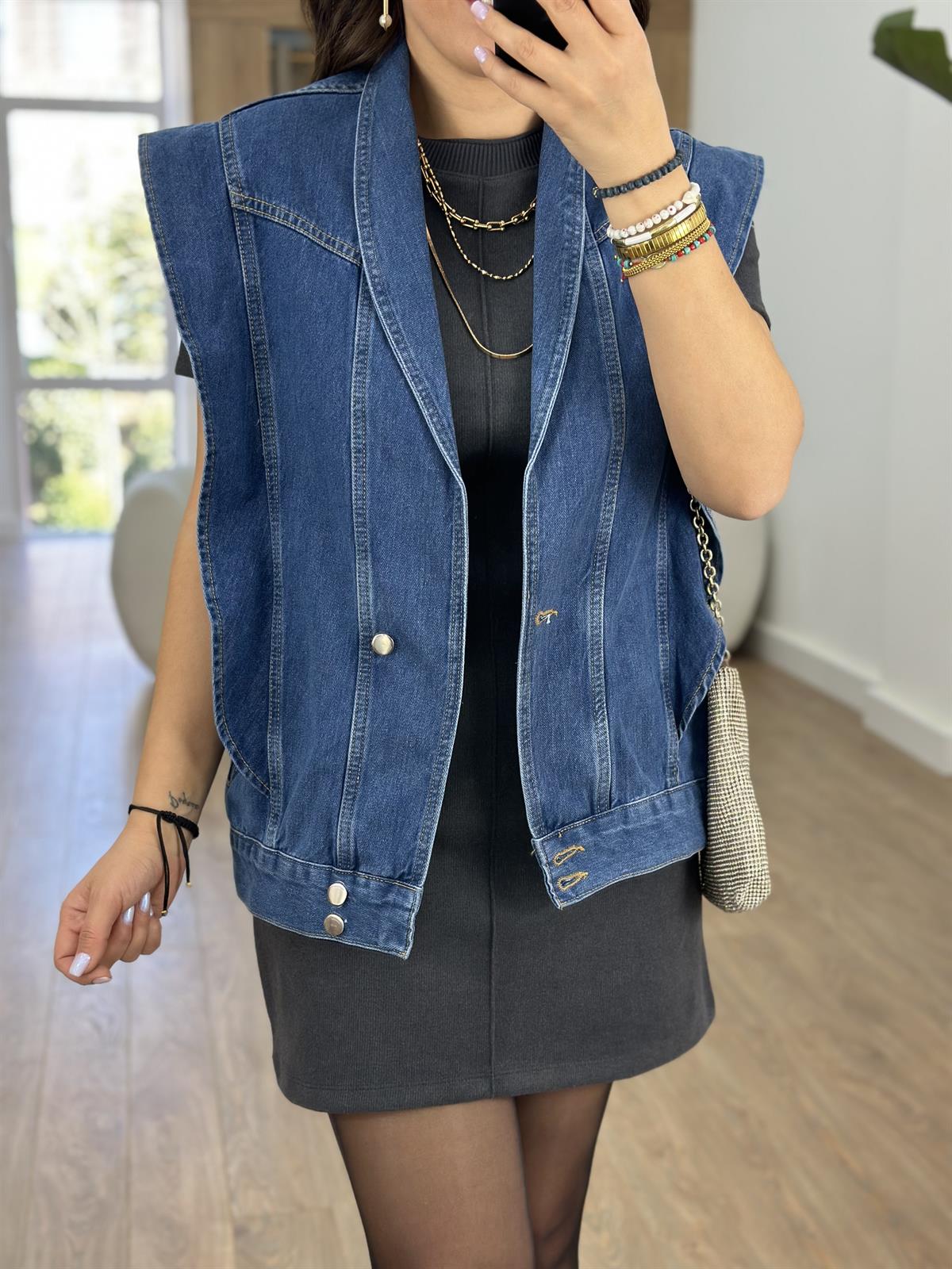 Omuzları Volanlı Tasarım Denim Yelek