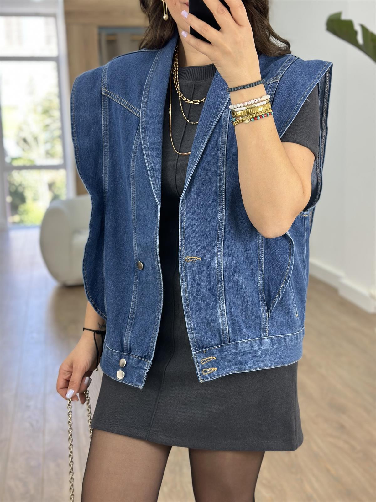Omuzları Volanlı Tasarım Denim Yelek