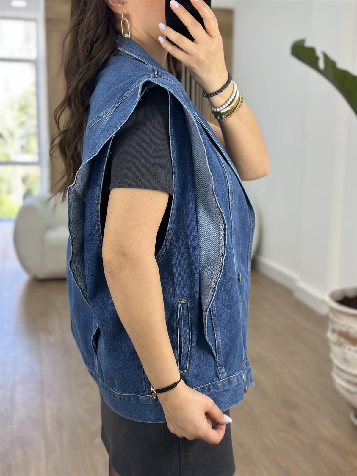 Omuzları Volanlı Tasarım Denim Yelek