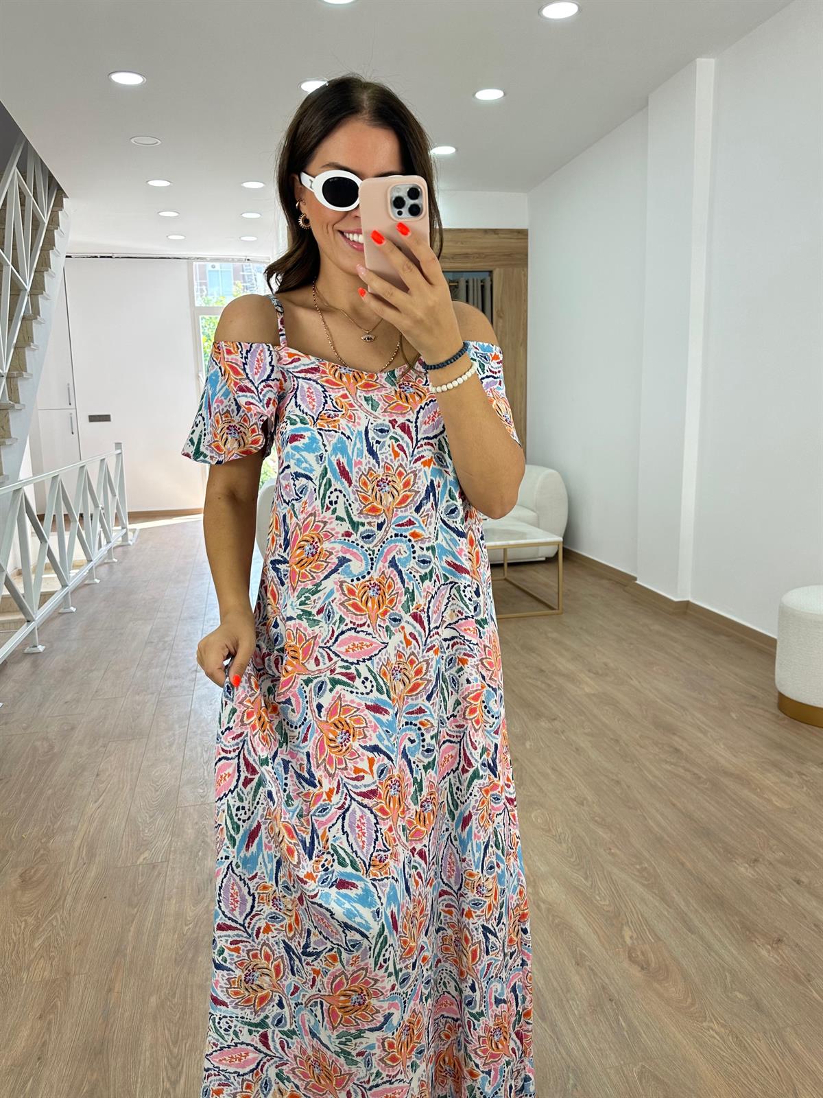 Omuzu Fırfırlı Renkli Maxi Elbise