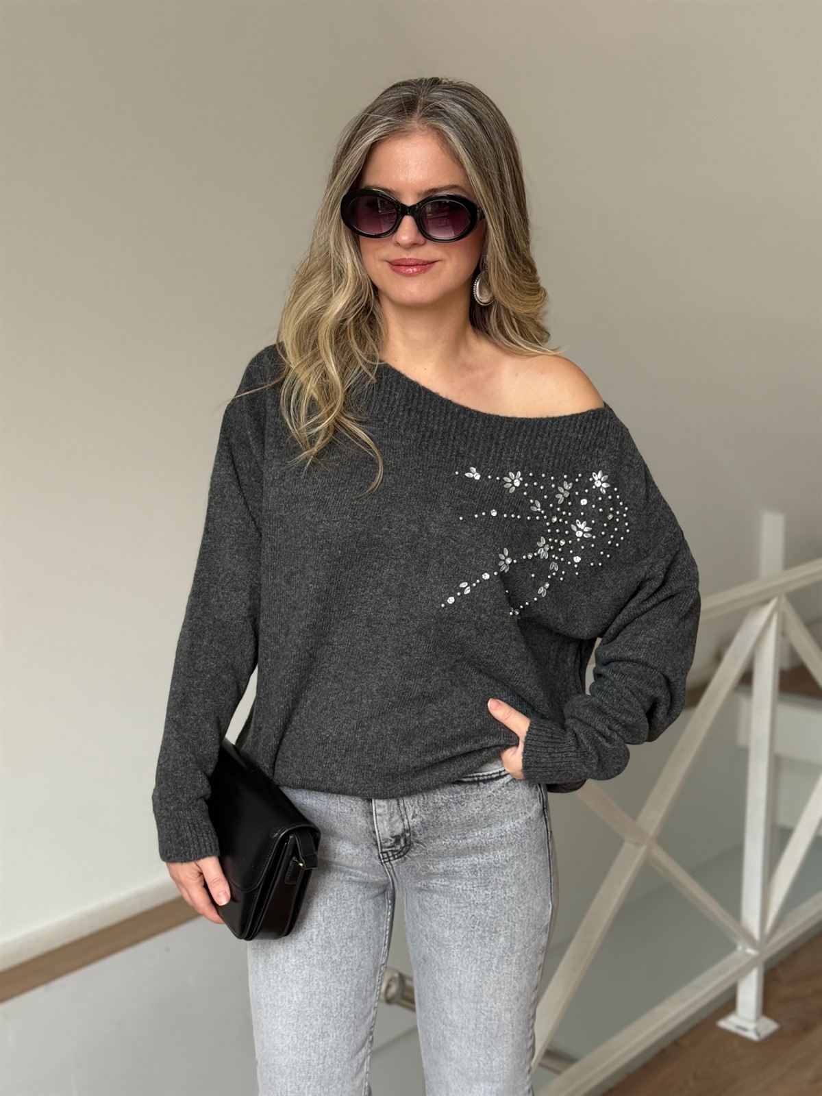 Omuzu Taşlı Triko Kazak - Antrasit