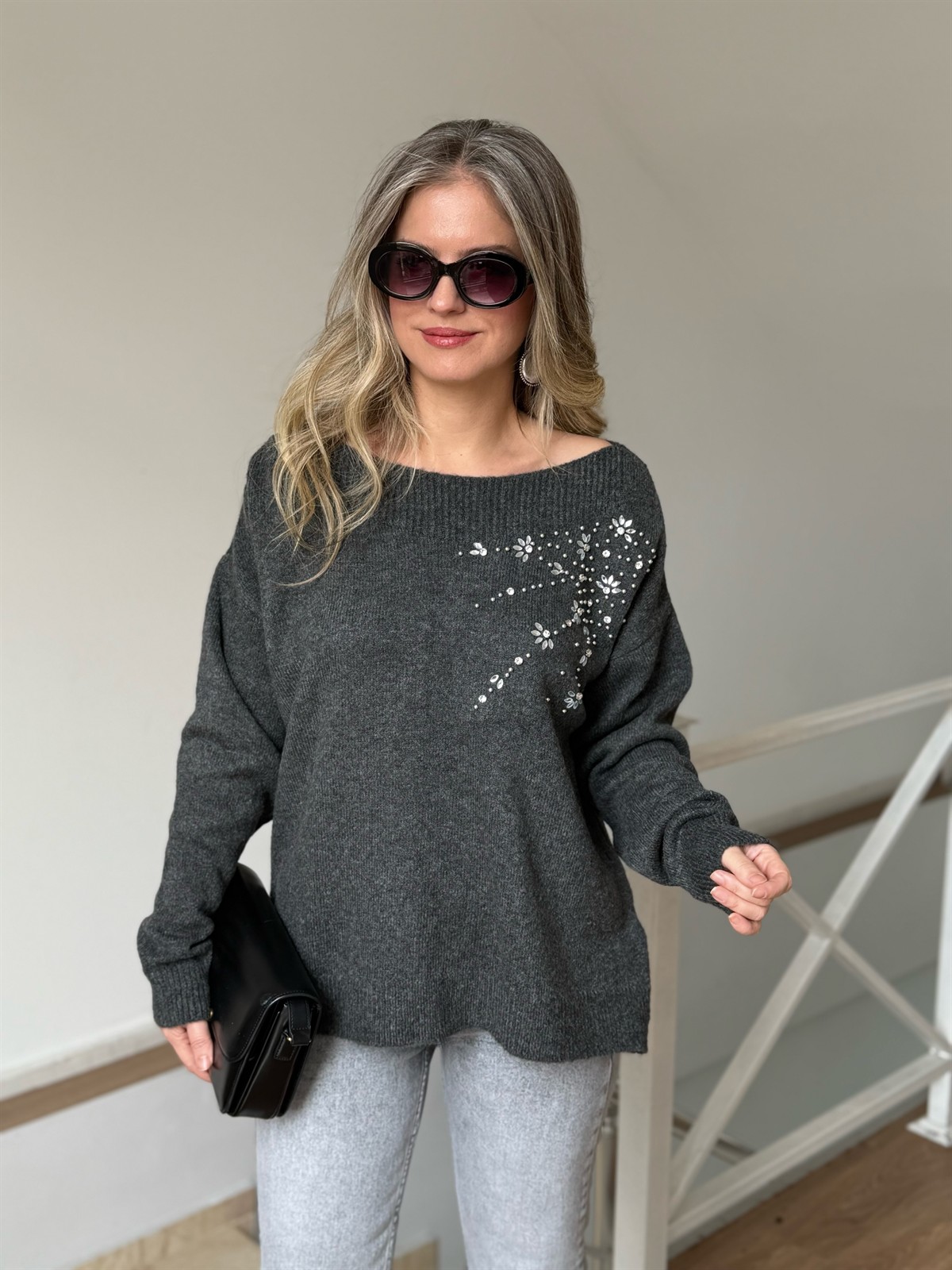 Omuzu Taşlı Triko Kazak - Antrasit