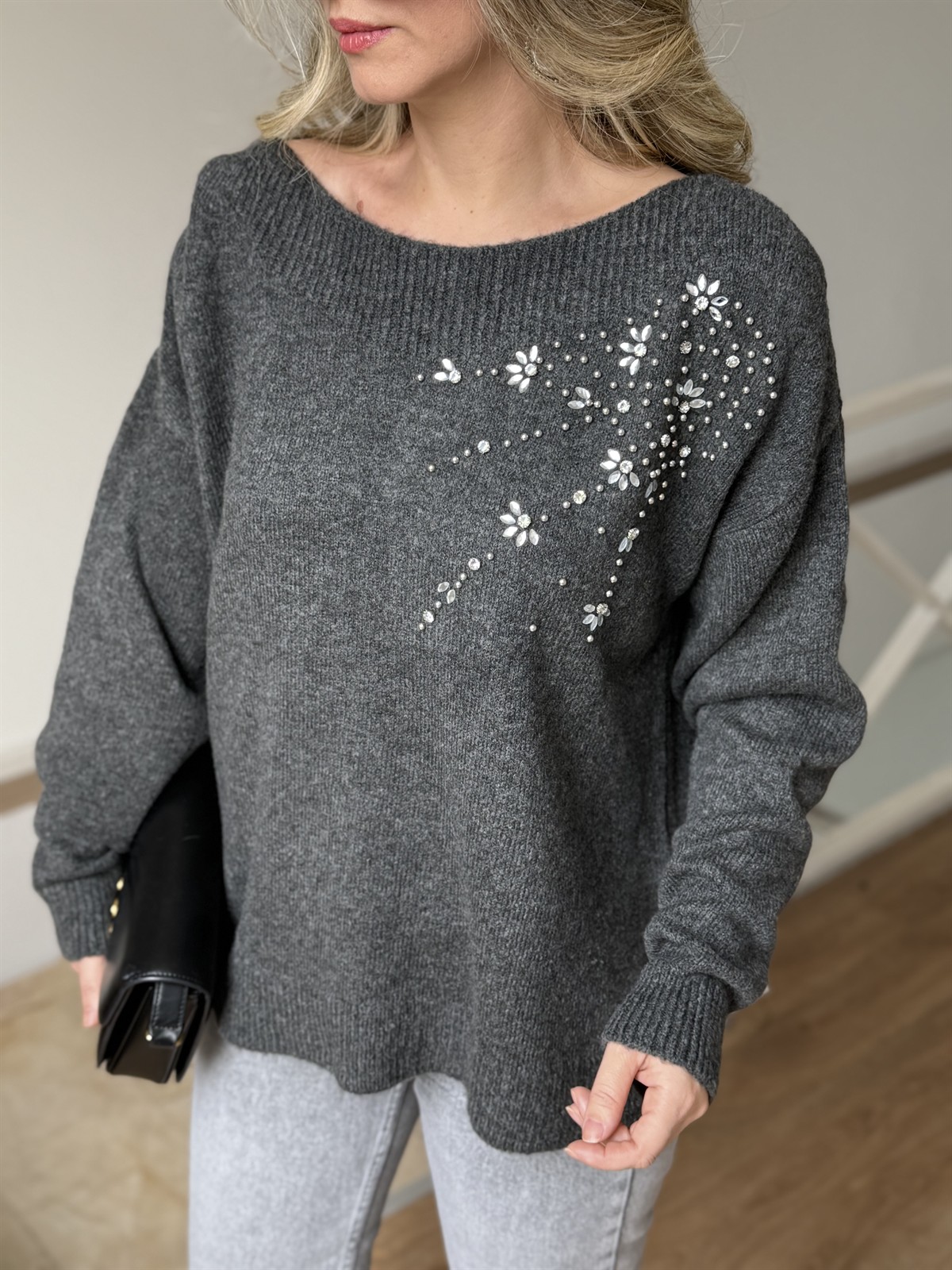 Omuzu Taşlı Triko Kazak - Antrasit