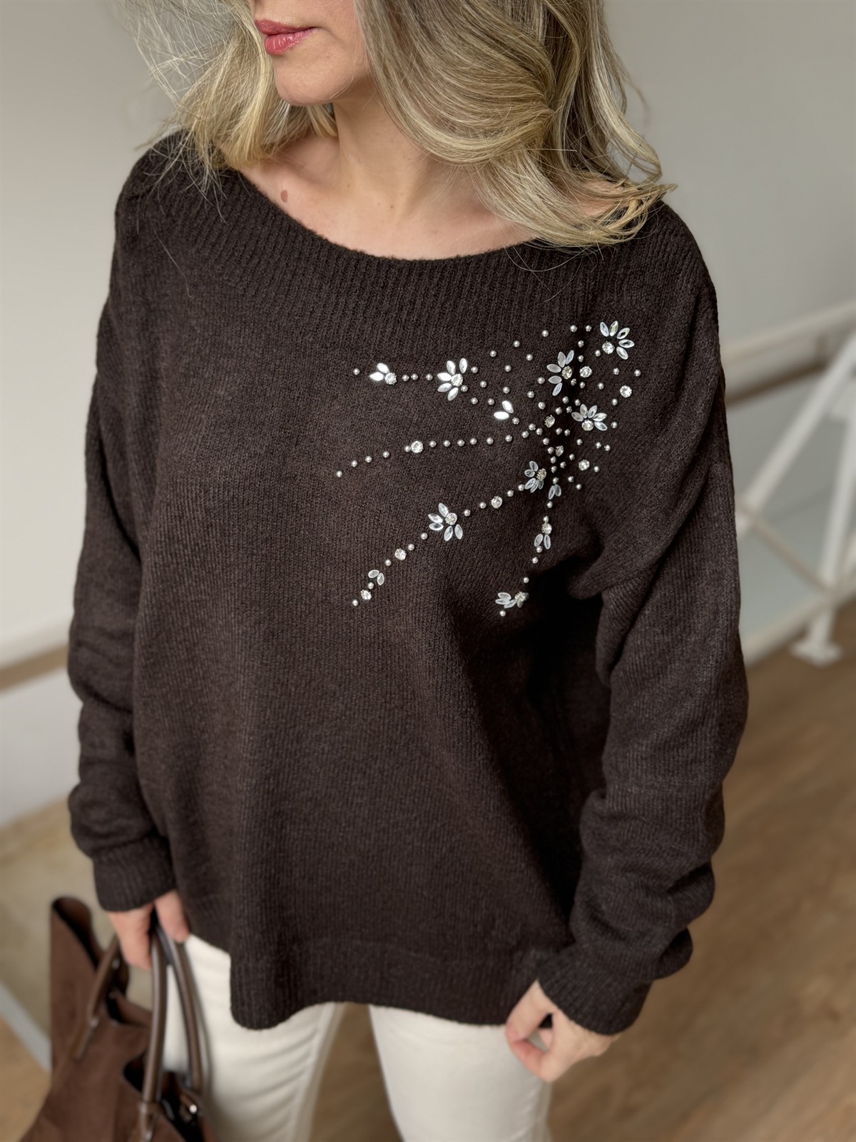 Omuzu Taşlı Triko Kazak - Kahverengi