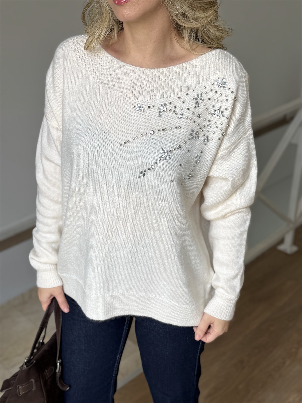 Omuzu Taşlı Triko Kazak - Krem