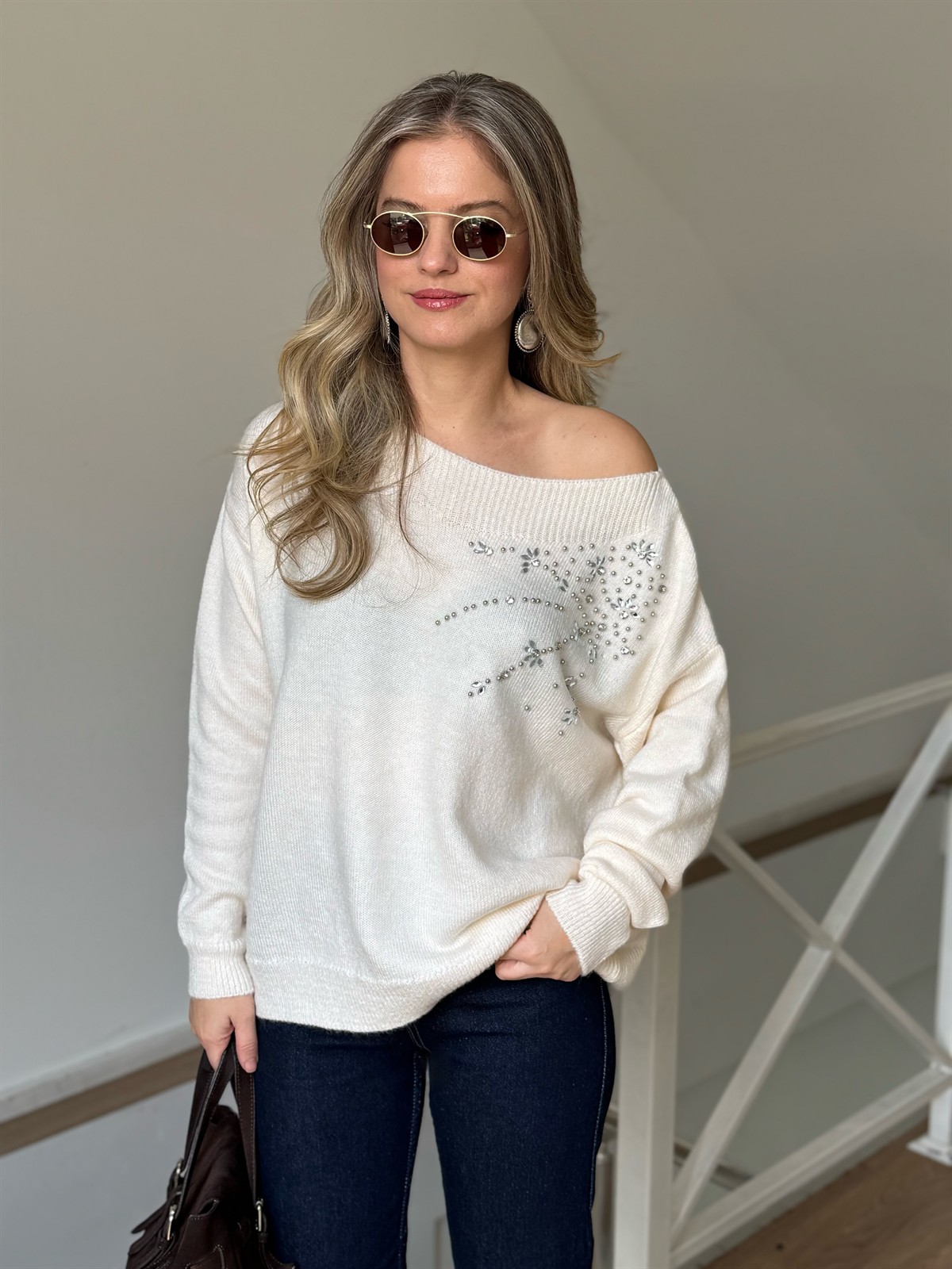 Omuzu Taşlı Triko Kazak - Krem