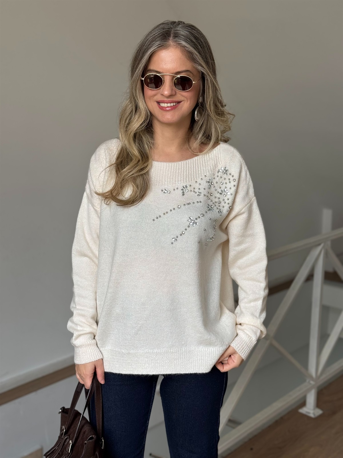 Omuzu Taşlı Triko Kazak - Krem