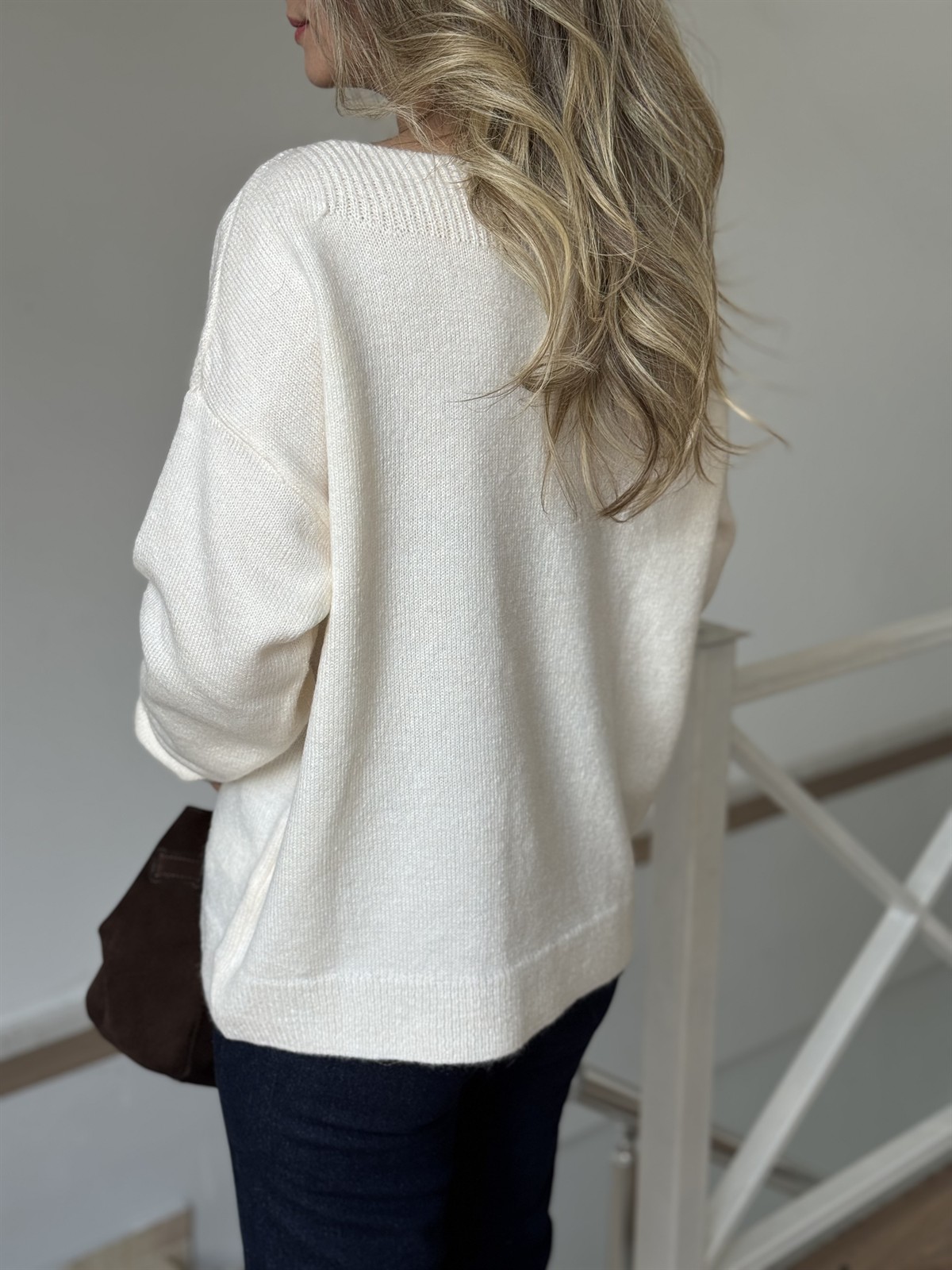 Omuzu Taşlı Triko Kazak - Krem